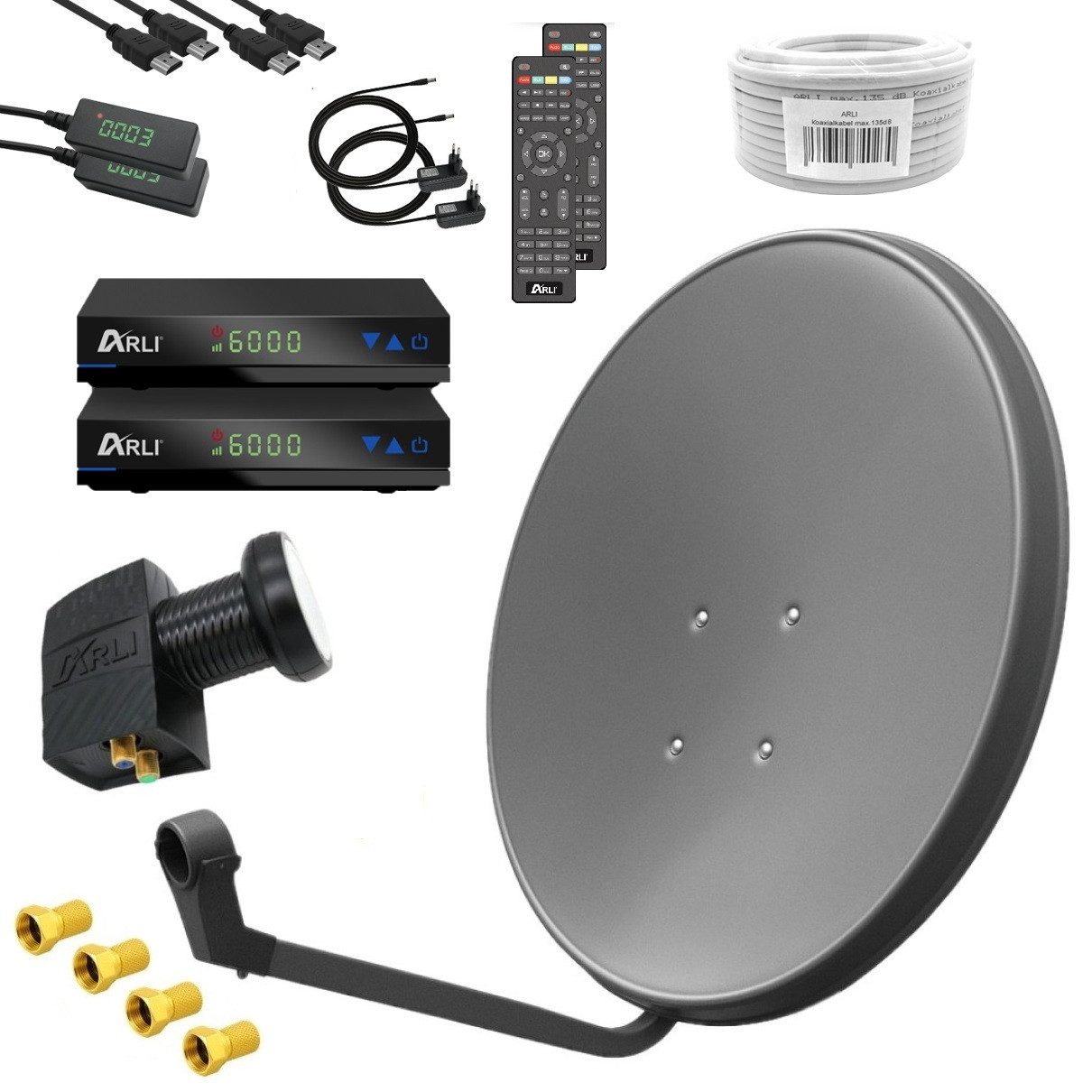 ARLI ARLI 60 cm HD Sat Anlage grau Set inkl. Receiver + Kabel + Stecker SAT-Antenne (60 cm, Stahl)
