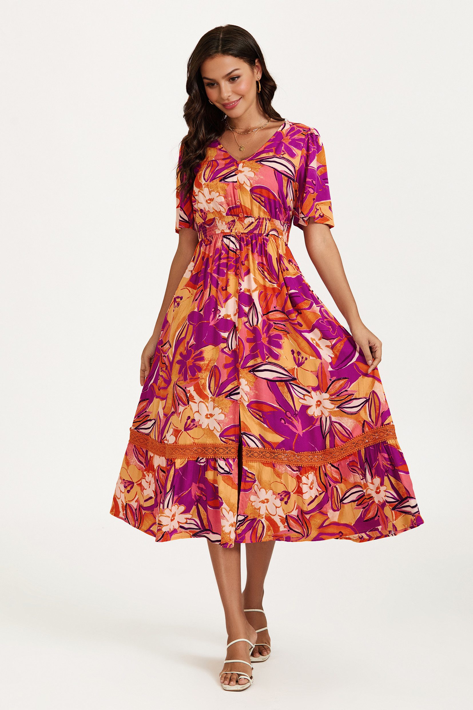 FS Collection Sommerkleid Damen Sommerkleid Midikleid Blumenkleid V-Ausschnitt Halbarm (Größen: XS (EU:36 / UK:8) · S (EU:38 / UK:10) · M (EU:40 / UK:12) · L (EU:42 / UK:14) · XL (EU:44 / UK:16) Elastische Taille, Spitzendetails, floraler Saum, Blumenmuster