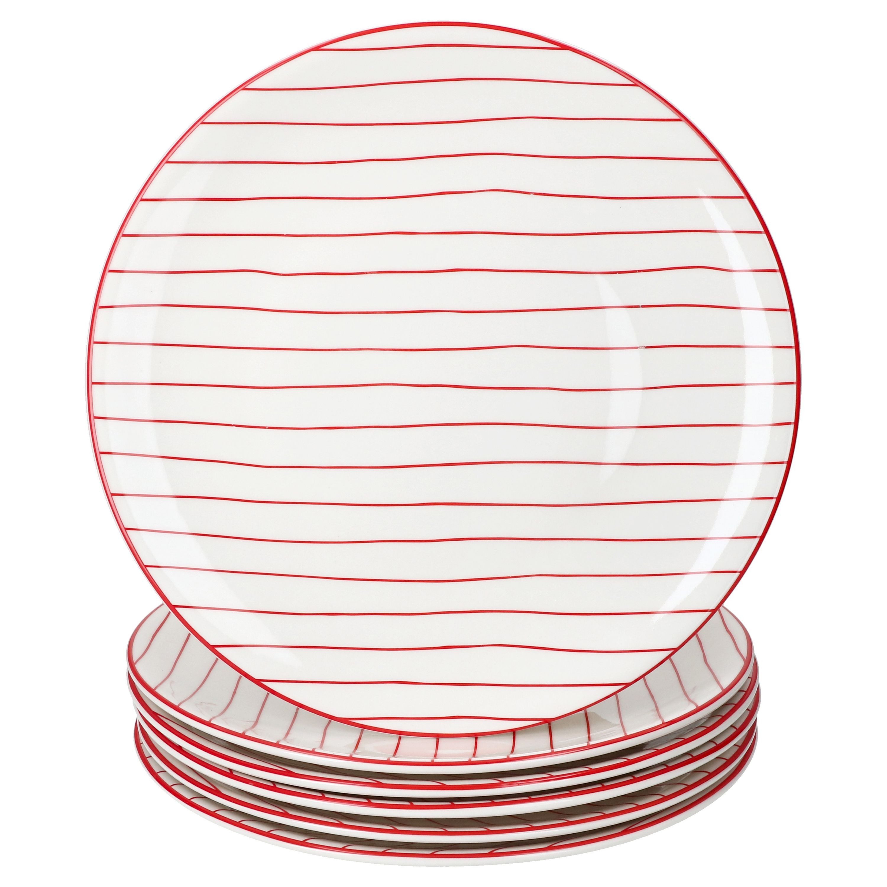 MamboCat Speiseteller MamboCat 6er Set Speiseteller rot gestreift Steingut Ø25,2cm weiß