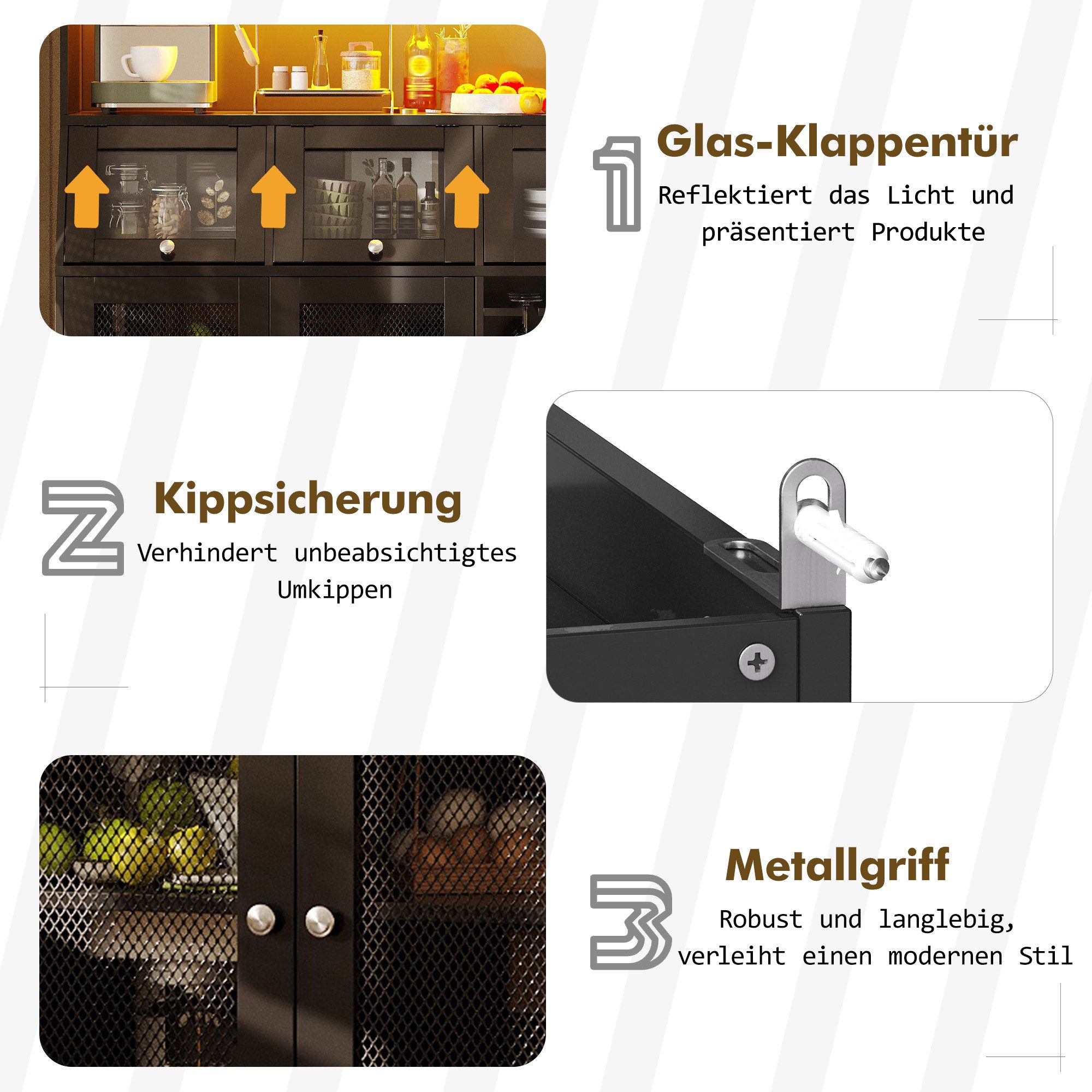 Celya Hochschrank Küchenschränke mit USB-Anschluss und LED-Beleuchtung (mit multifunktionaler Stauraum, mit großzügiger Arbeitsfläche, mit Glastüren)