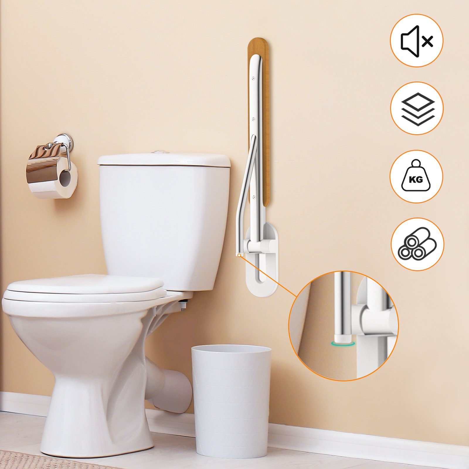 HEUFFE WC-Aufstehhilfe aufstehhilfe, zur wandmontage, für bewegungseingeschränkte Personen, belastbar bis 200 kg, glänzend, 90°-klappbar, aus Eiche, EUIPO-zertifiziert