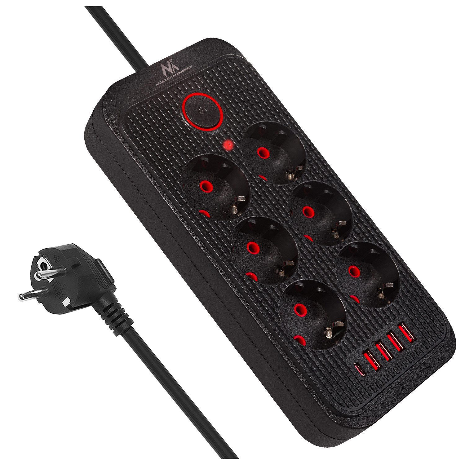 Maclean Steckdosenleiste 6 Steckdosen 2500W 4xUSB Mehrfachsteckdose 6-fach (Ein-/Ausschalter, Kabellänge 1,5 m), 110-240V AC 50/60Hz, 2,1A max 2500W