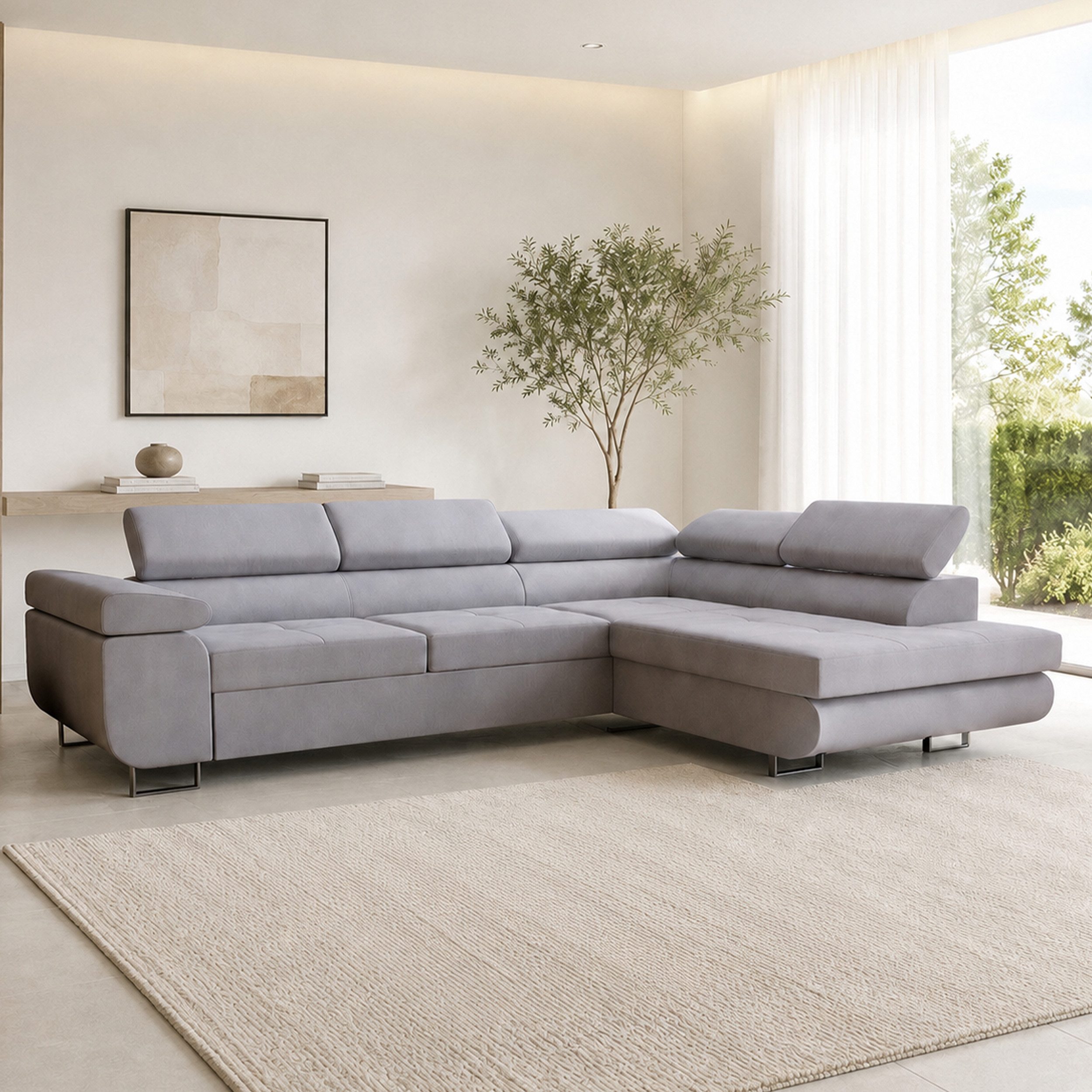 Goldstoff Ecksofa mit Schlaffunktion - Designersofa, Sofa mit Bettfunktion & Bettkasten, Schlafsofa RIVIA, multifunktionale Couch mit verstellbaren Kopfstützen in grau