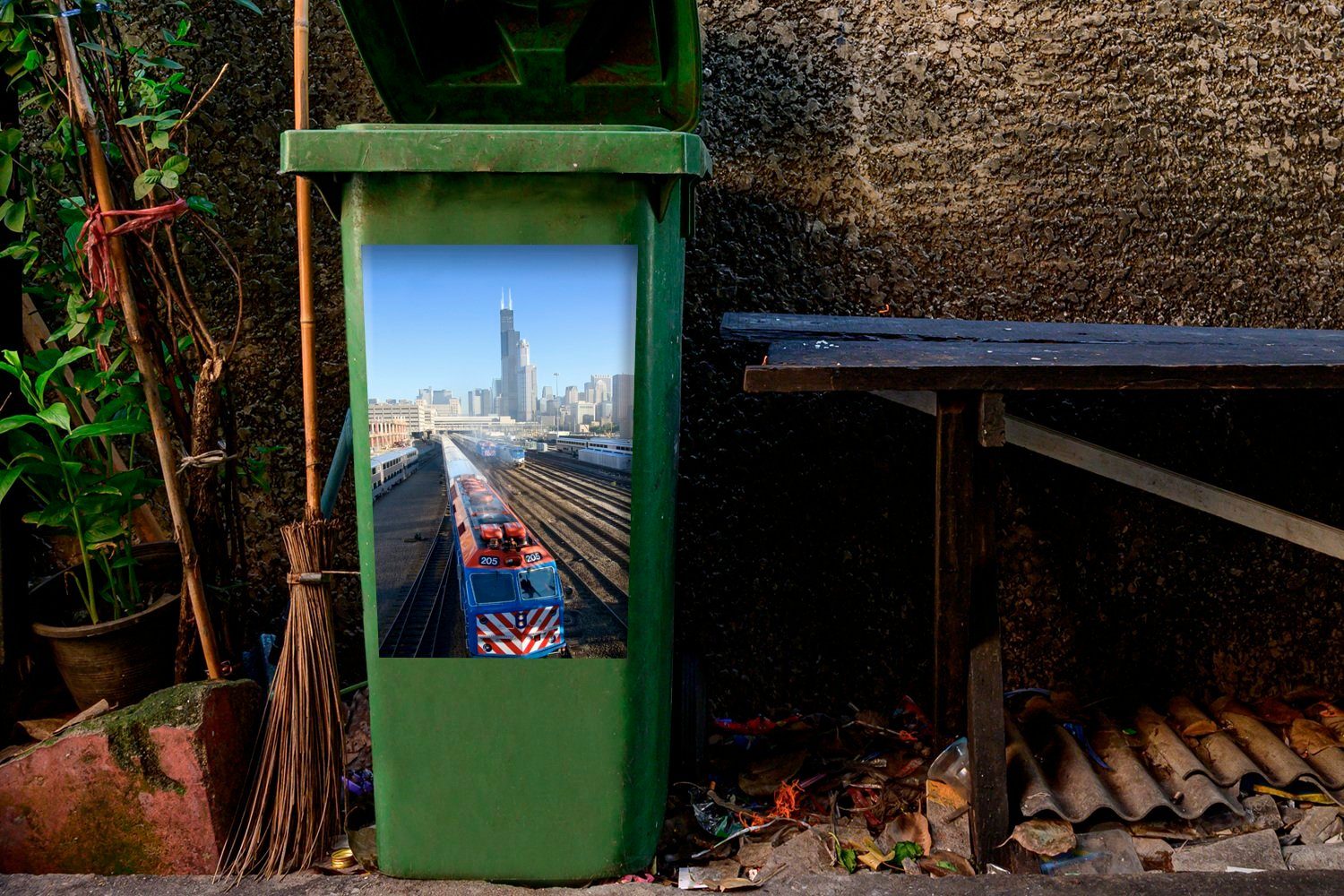 Wandsticker Tower Züge St), MuchoWow Sticker, Hintergrund (1 Mülltonne, Mülleimer-aufkleber, Container, Abfalbehälter Willis mit im in Chicago dem