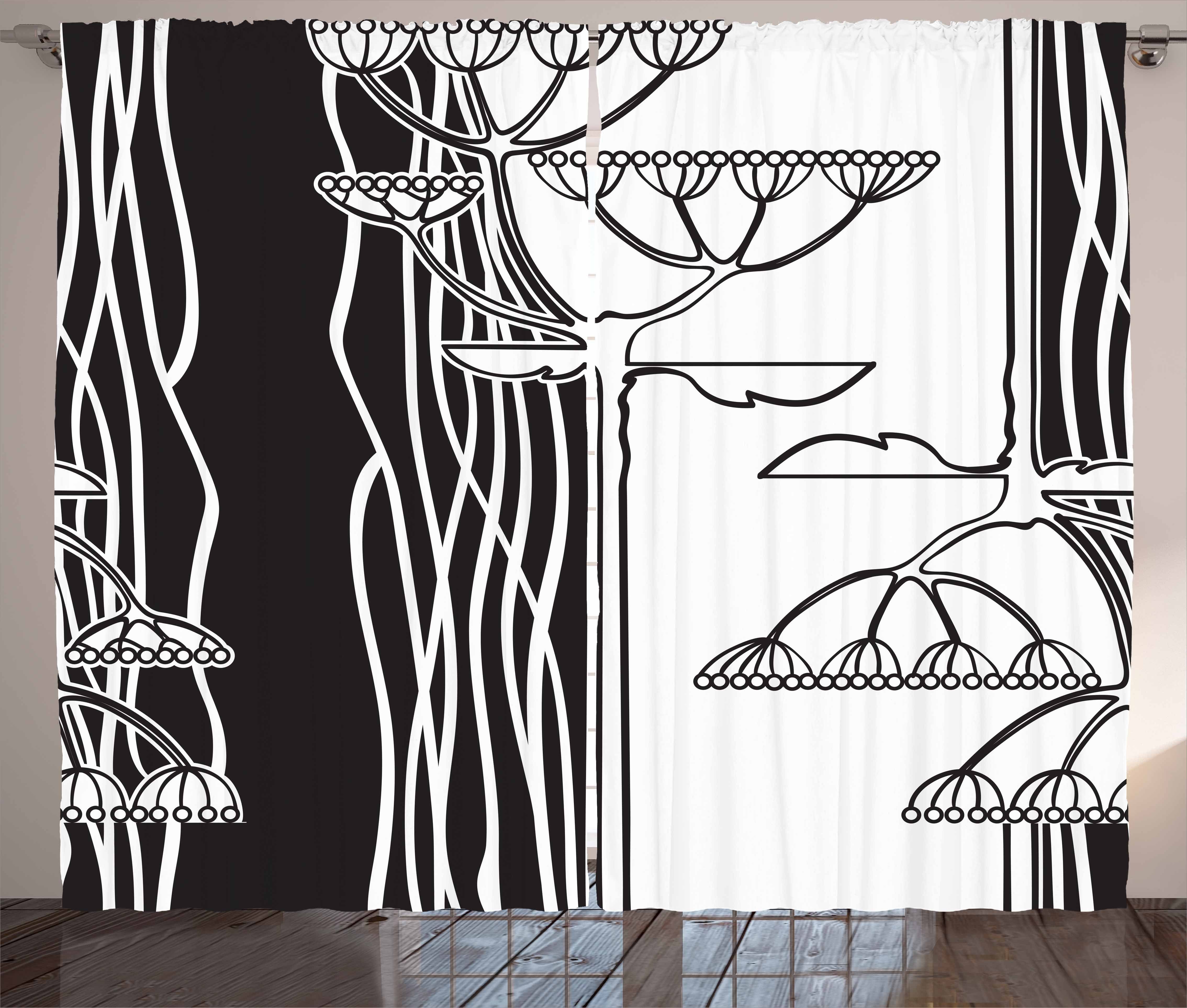 Gardine Schlafzimmer Kräuselband Vorhang mit Schlaufen und Haken, Abakuhaus, Schwarz Und Weiß Abstrakte Pflanzen Kunst
