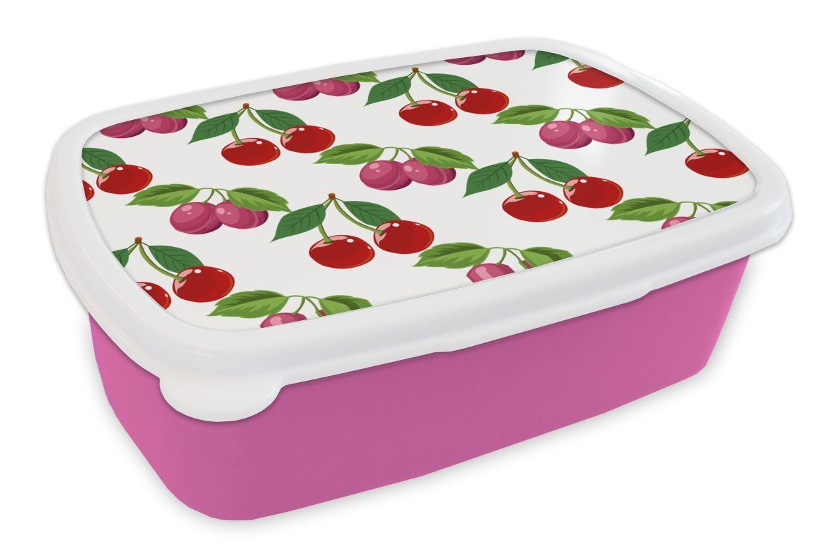 MuchoWow Lunchbox Kirschen - Muster - Obst, Kunststoff, (2-tlg), Brotbox für Erwachsene, Brotdose Kinder, Snackbox, Mädchen, Kunststoff rosa