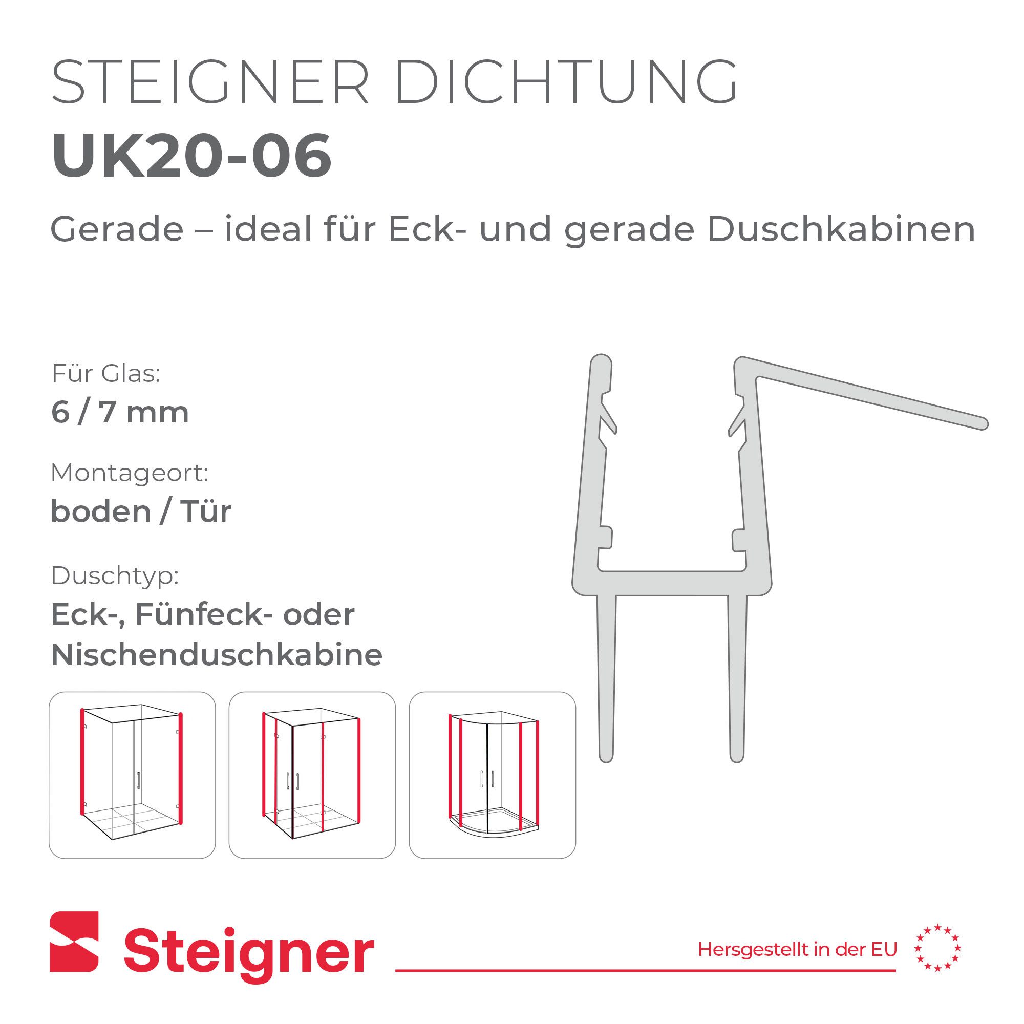 STEIGNER Duschdichtung Duschtürdichtung Gerade UK20-06 30 cm (1 Stk) Transparent 6-7 mm, L: 30 cm, (1 Stück Packung, Einzeldichtung), Dichtung für Eckeinstieg D – Bild 2 von 5