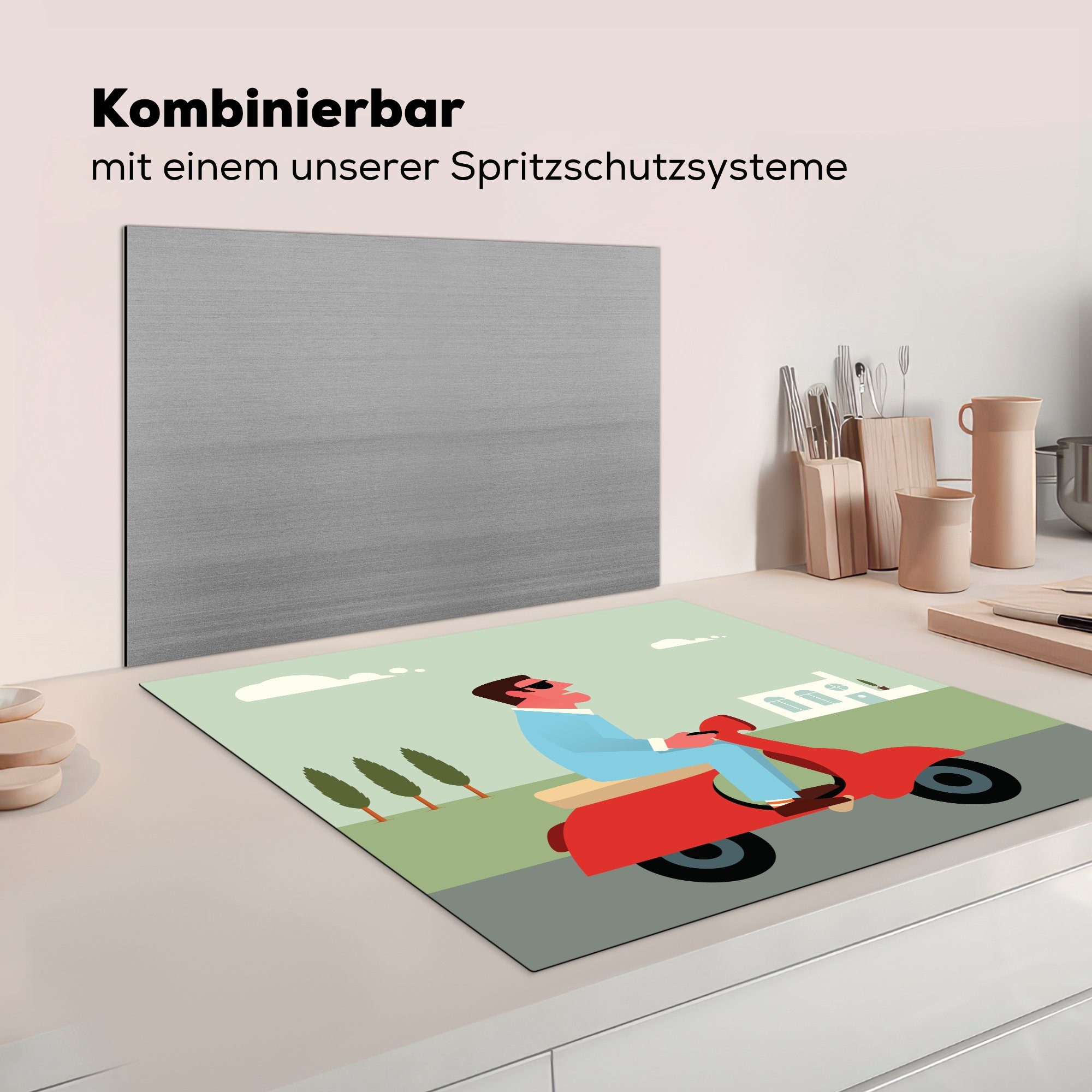 78x78 Arbeitsplatte Illustration für (1 Mannes küche Ceranfeldabdeckung, cm, MuchoWow tlg), Vinyl, auf Herdblende-/Abdeckplatte einer Vespa, eines roten