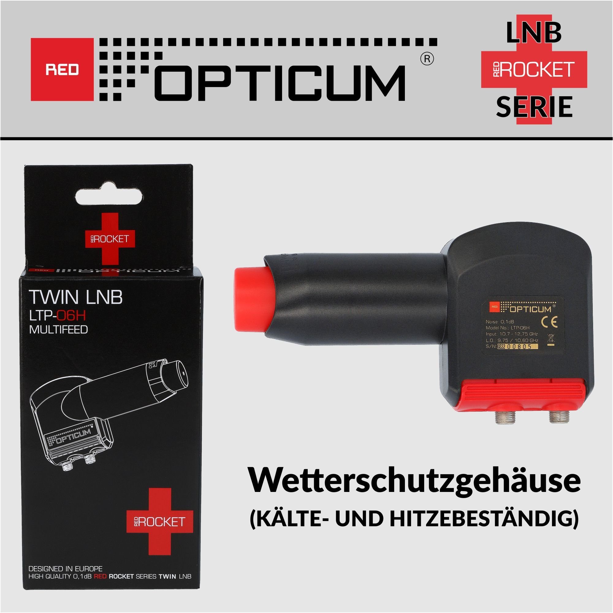 0.1dB Universal-Twin-LNB Red - für OPTICUM LNB kältebeständig, Multifeedhalter) (Hitze- RED Twin Wetterschutz mit Rocket & Rauschmaß LTP-06H optimal