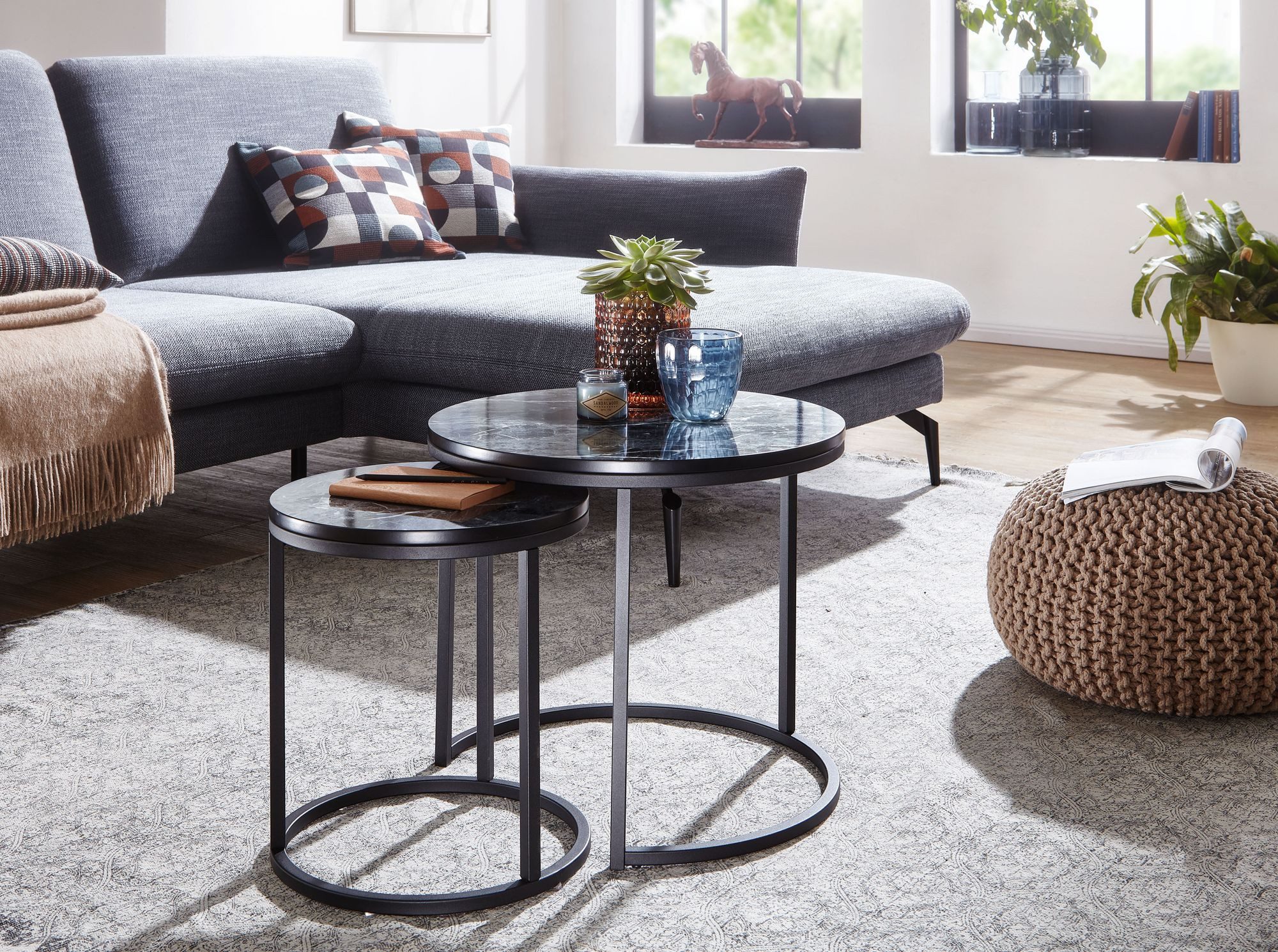 Wohnling Satztisch Beistelltisch 2er Set Wohnzimmertisch Marmor Optik Couchtisch Schwarz (2er Set Schwarz Marmor Optik Rund, Beistelltisch), Couchtisch 2-teilig, Anstelltisch Modern Klein