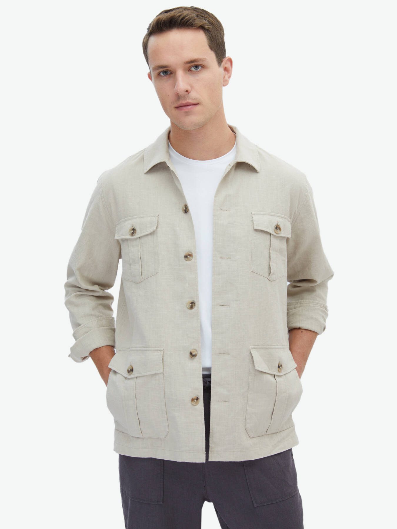 Langarmhemd Bej Düz Regulärer Schnitt Gewebte Overshirt