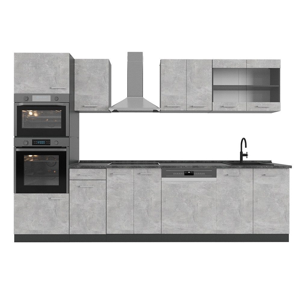Vicco Küchenzeile R-Line, Beton/Anthrazit, 300 cm mit Hochschrank, AP Anthrazit