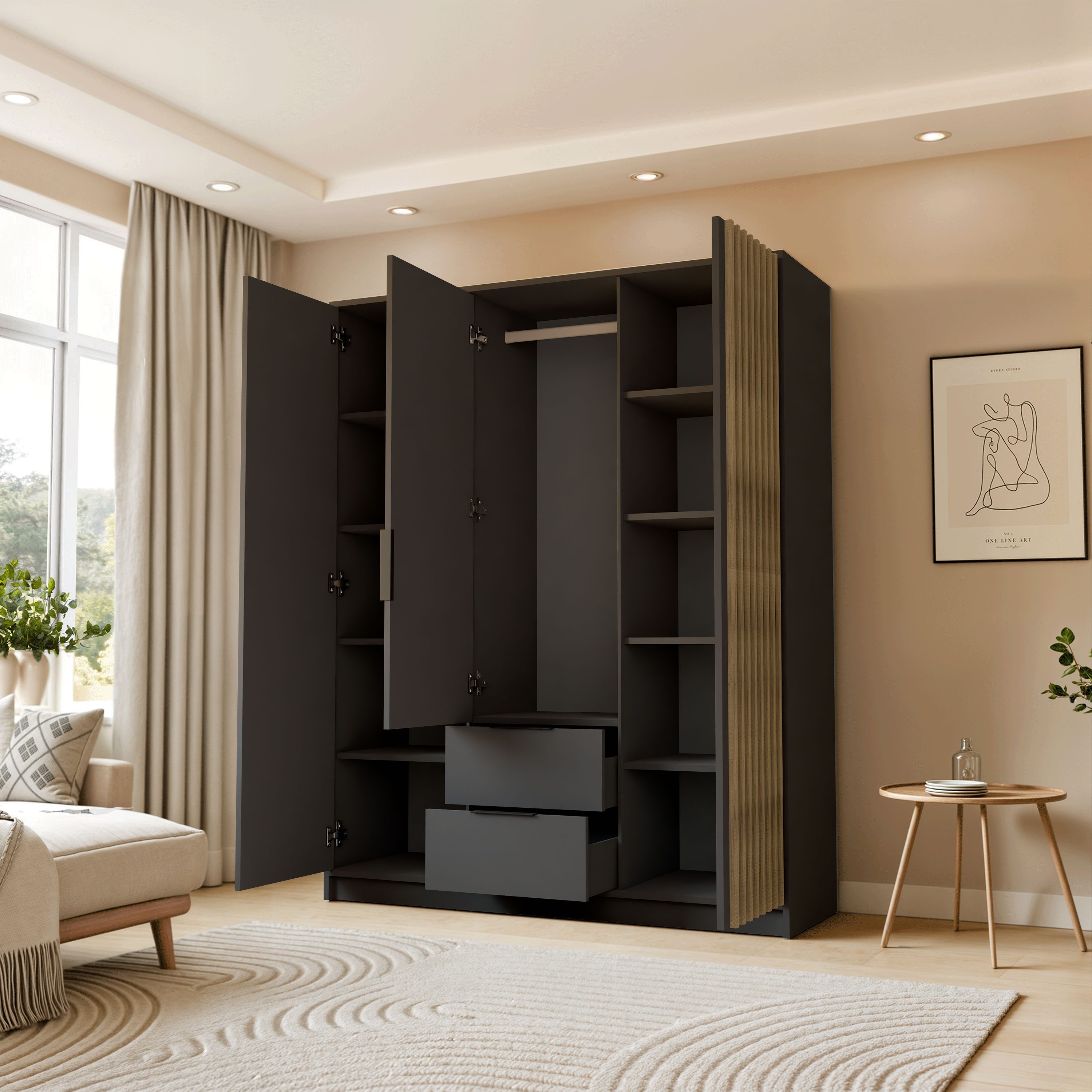 Lookway Kleiderschrank NELA 3D 155 cm Drehtürenschrank mit Lamellen Breite: 155 cm