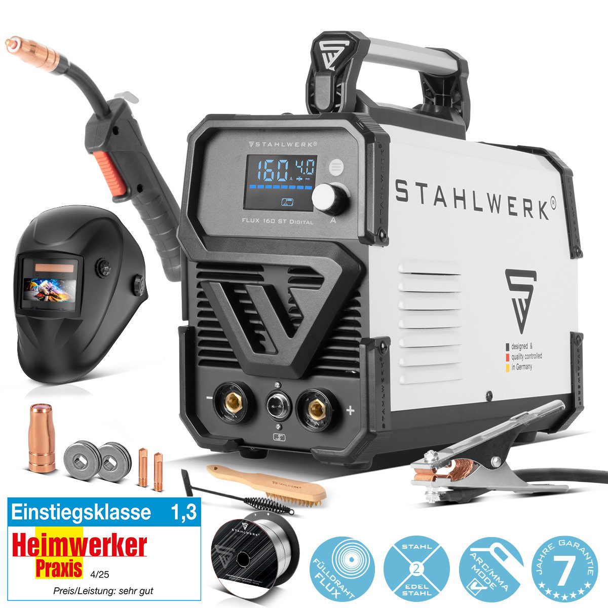 STAHLWERK Fülldrahtschweißgerät Schweißgerät FLUX 160 ST Digital mit 160 A, 40 - 160 A, Packung, 1-tlg., Vollausstattung, synergischem Drahtvorschub