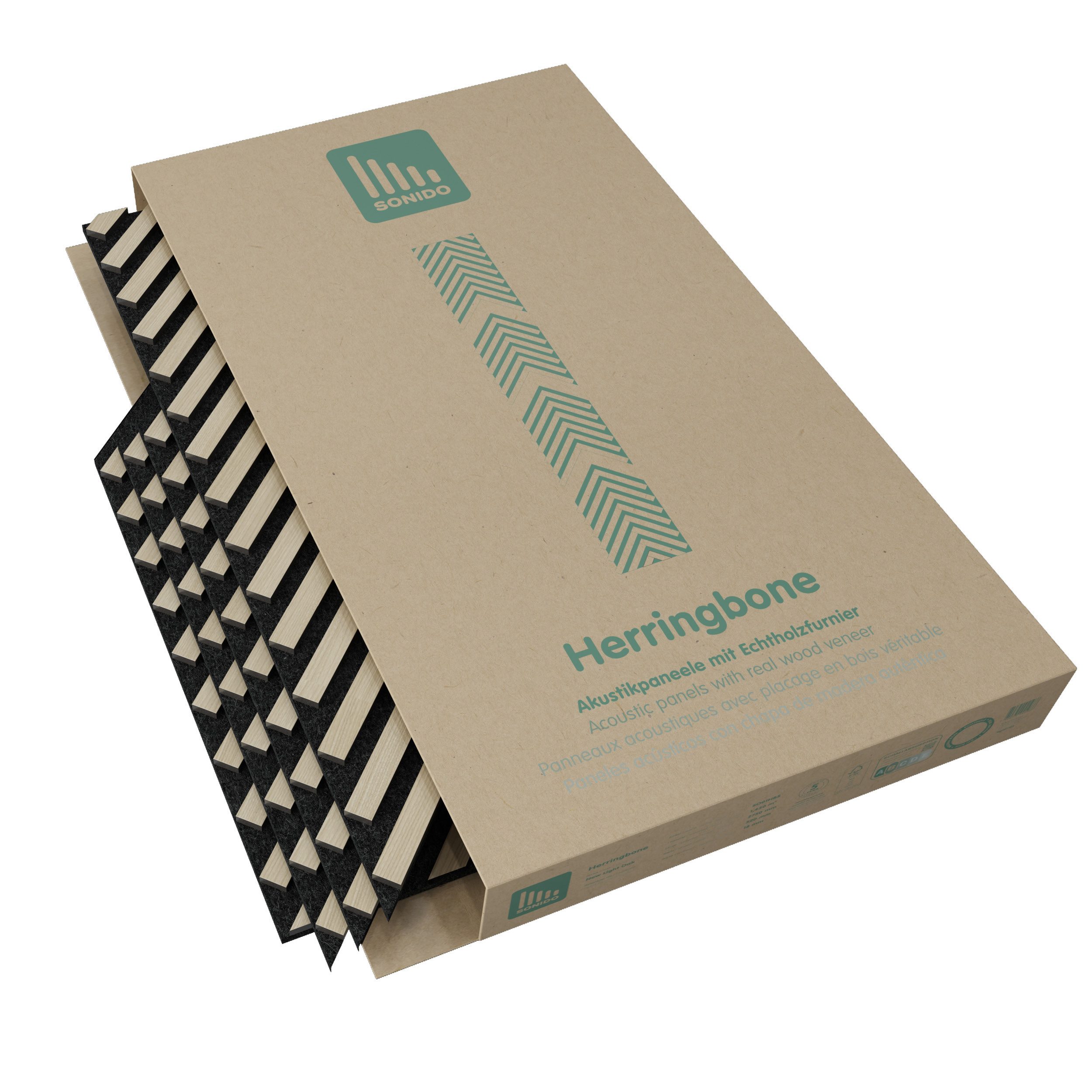 SONIDO 3D Wandpaneel Herringbone Akustikpaneele mit FSC®-zertifizierter Eicheoptik, BxL: 52,00x275,00 cm, 1,43 qm, (Packung, 1,430 m², Versandkostenfreie Lieferung) 88 Echtholz-Dekoleisten mit schwarzem 9mm Filz-Akustikträger
