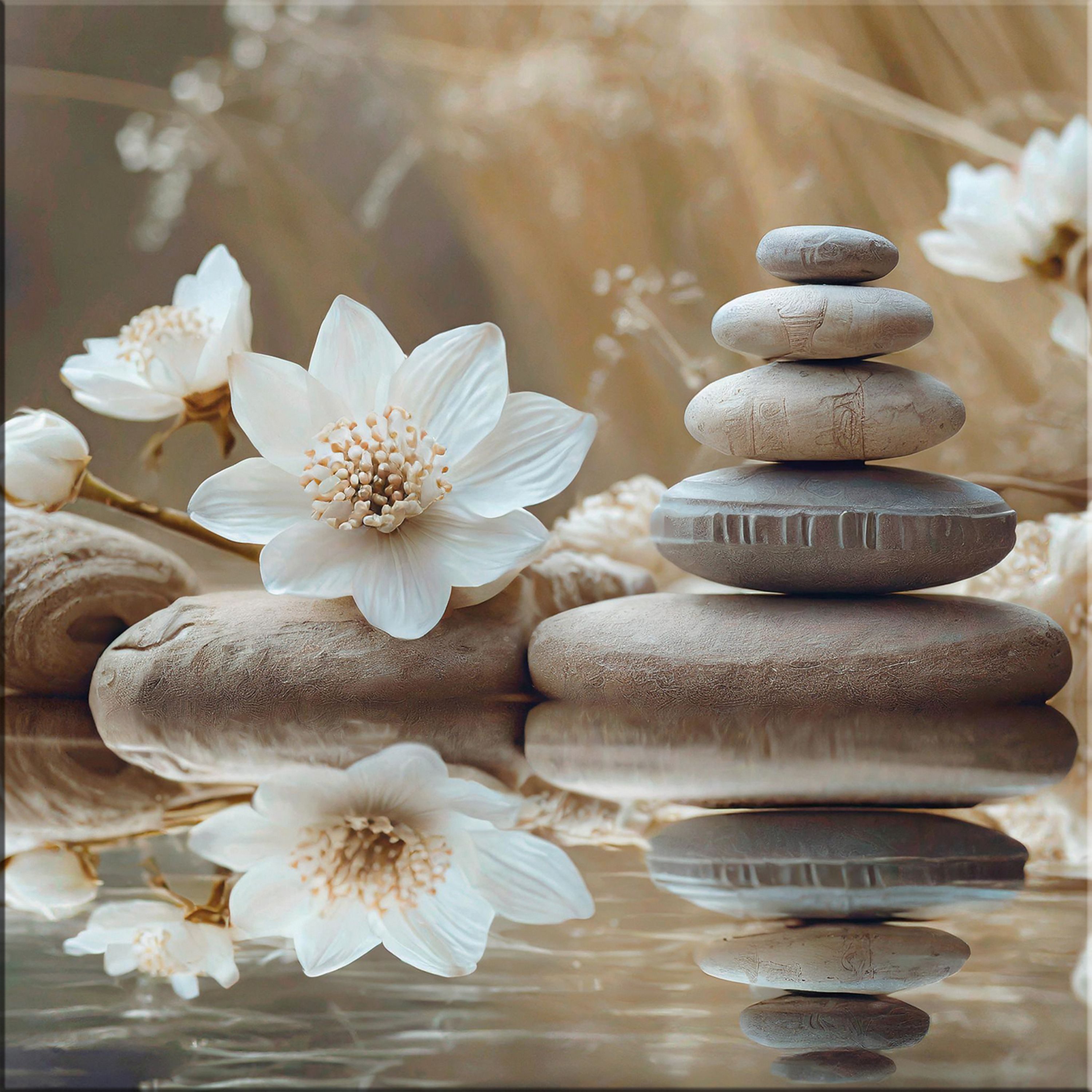 artissimo Glasbild Glasbild 30x30cm Bild aus Glas Boho-Style weiß beige Yoga Wellness, Zen und Spa: Steine