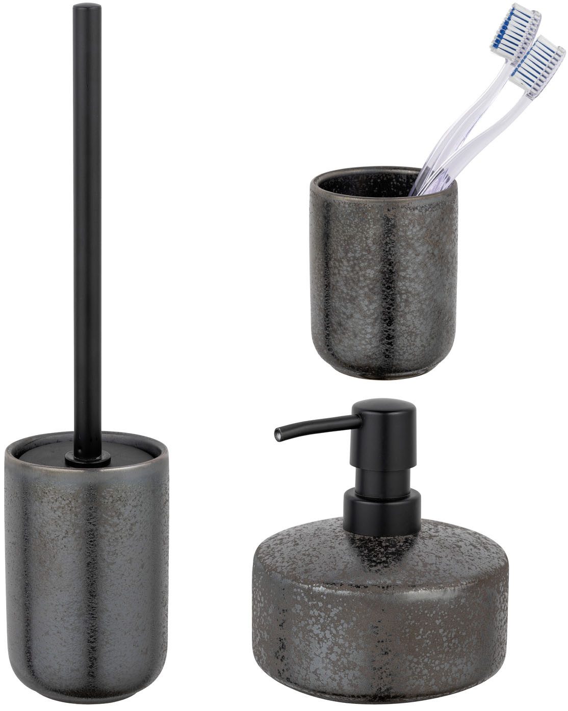 SCHÖNER WOHNEN-Kollektion Badaccessoire-Set »Rufina«, Set, 3 tlg., Keramik mit Effektglasur, Zahnputzbecher, Seifenspender & WC-Garnitur