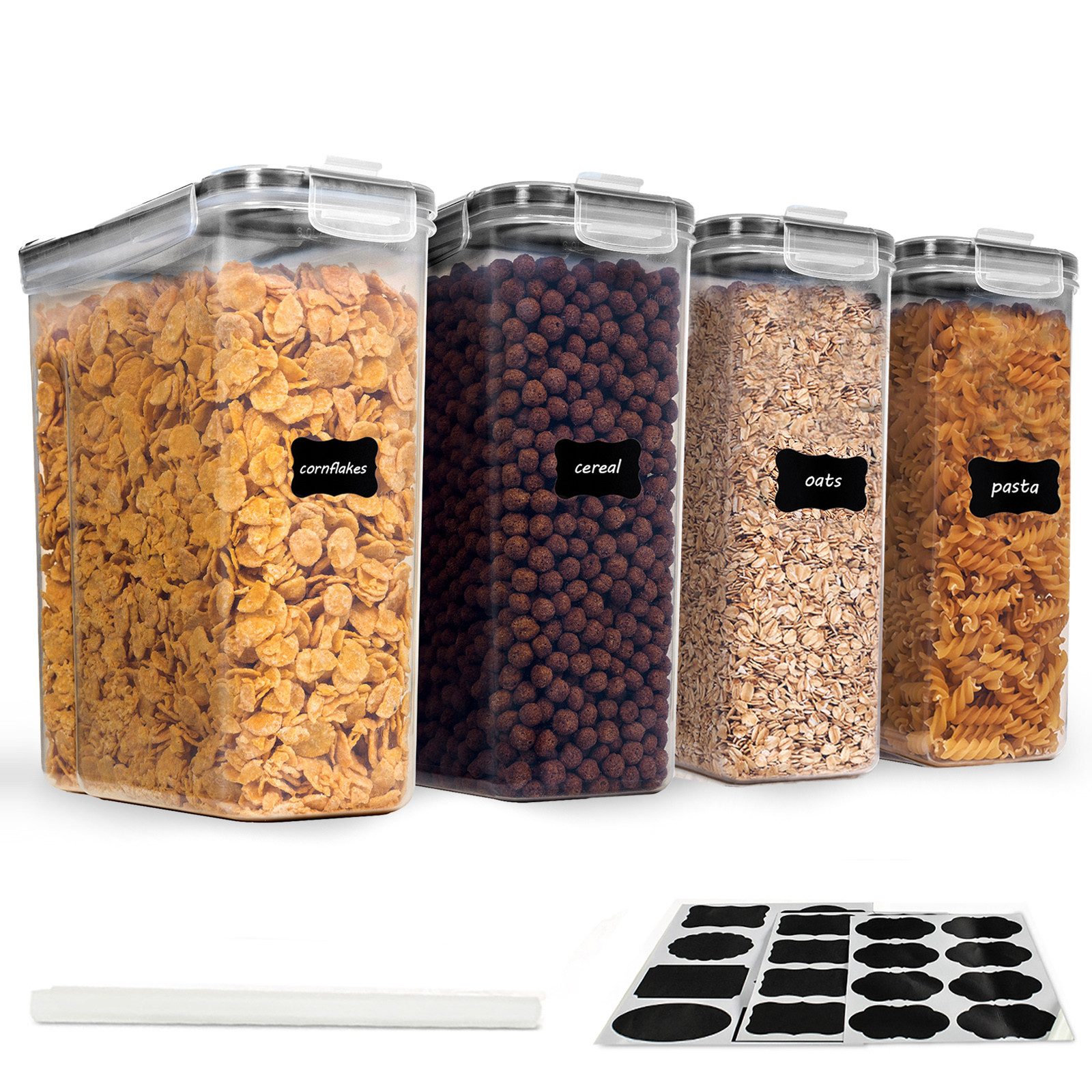 CALIYO Frischhaltedose 4L Behälter Küche mit Deckel für Trockenlebensmittel, Polypropylen (PP), (4-tlg., BPA frei Kunststoff Vorratsdosen luftdicht), 4-tlg., Satz mit 4 + 24 Etiketten für Getreide, Mehl, Zucker