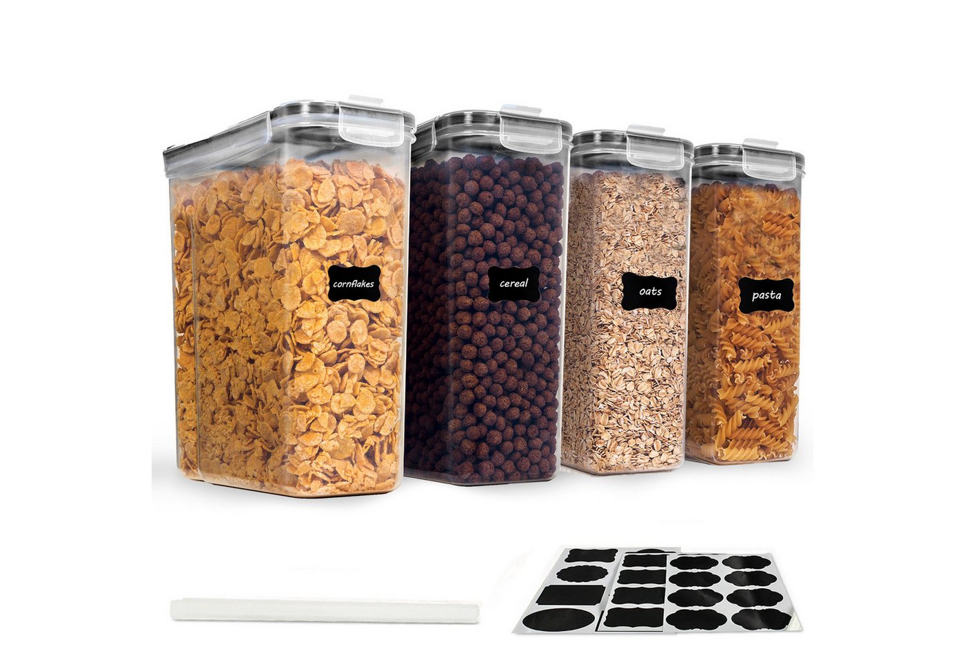 CALIYO Frischhaltedose 4L Behälter Küche mit Deckel für Trockenlebensmittel, Polypropylen (PP), (4-tlg., BPA frei Kunststoff Vorratsdosen luftdicht), 4-tlg., Satz mit 4 + 24 Etiketten für Getreide, Mehl, Zucker