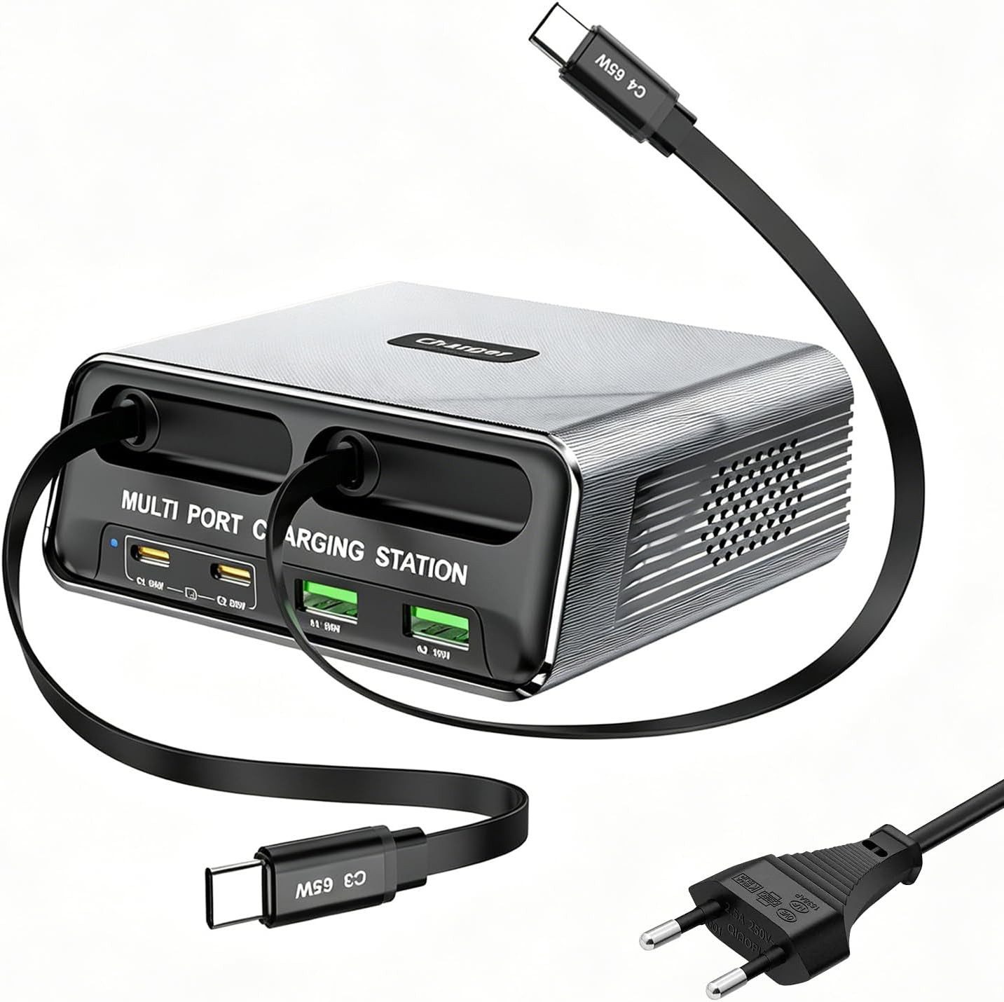 OYLCDI 320W Schnellladegerät,6 in 1 Ladestation Mehrere Geräte USB-Ladegerät (USB C Schnellladegerät mit 2 Einziehbaren Kabeln, Klein Ladestation Kompatibel, für MacBook, iPad, iPhone, Samsung und anderen Geräten)
