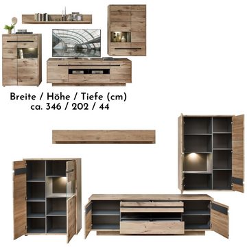 freiraum Wohnwand Bellano, in Viking Oak Dekor, MDF, Spannplatte - 346x202x44cm (BxHxT)