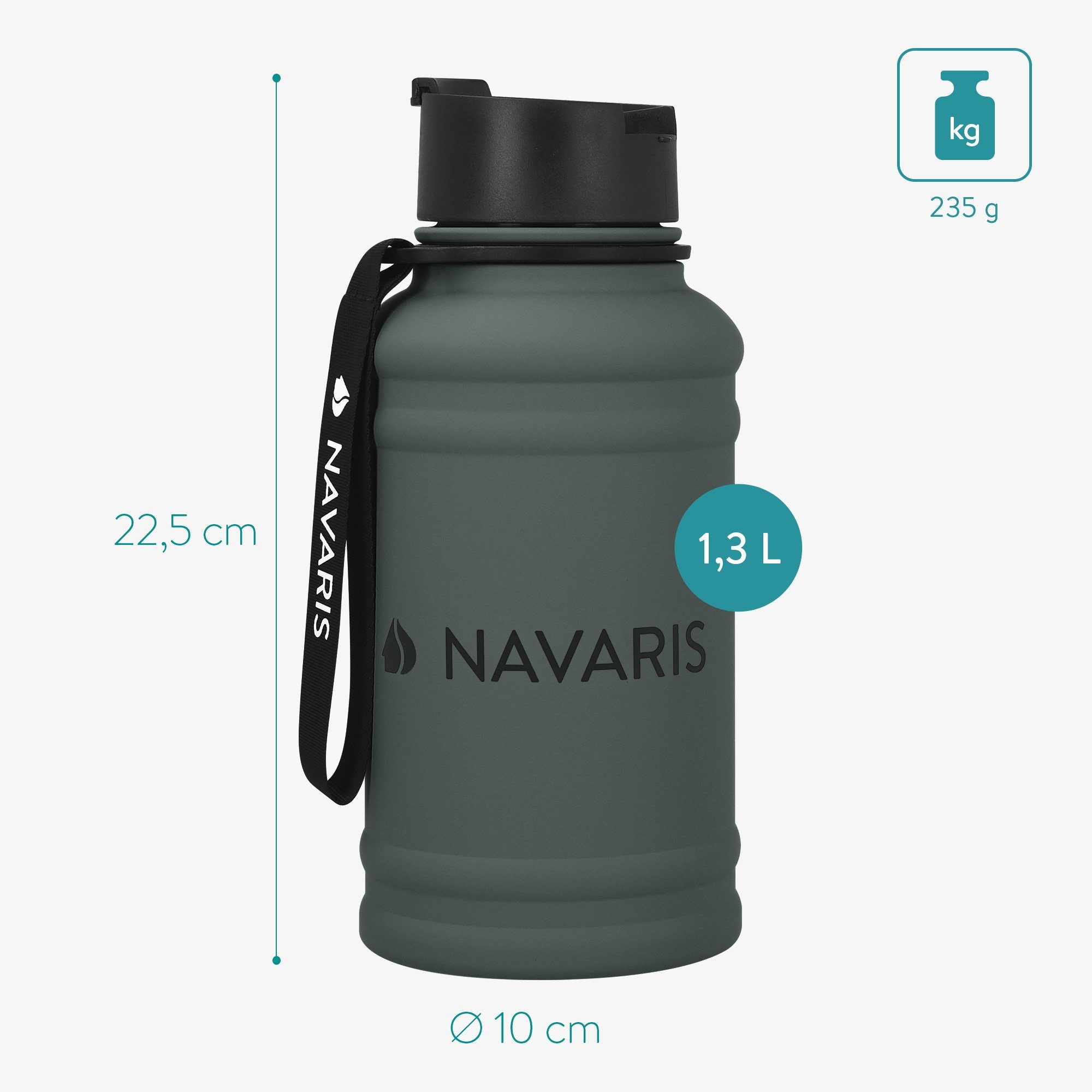 Gym Anthrazit Trinkflasche Flasche Liter Water - Jug 1,3 - Navaris Wasserflasche Bottle Sport