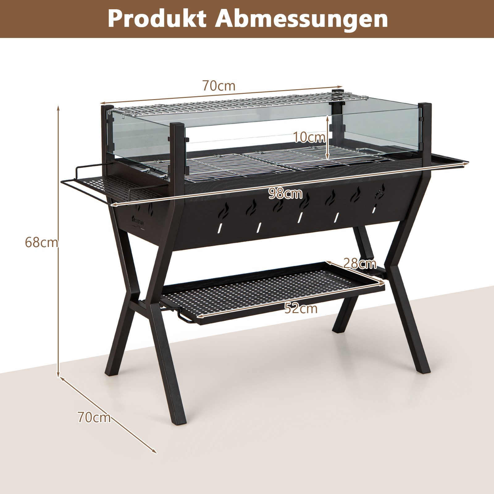 KOMFOTTEU Holzkohlegrill, 3 in 1 Gartengrill aus Edelstahl, BBQ Grill