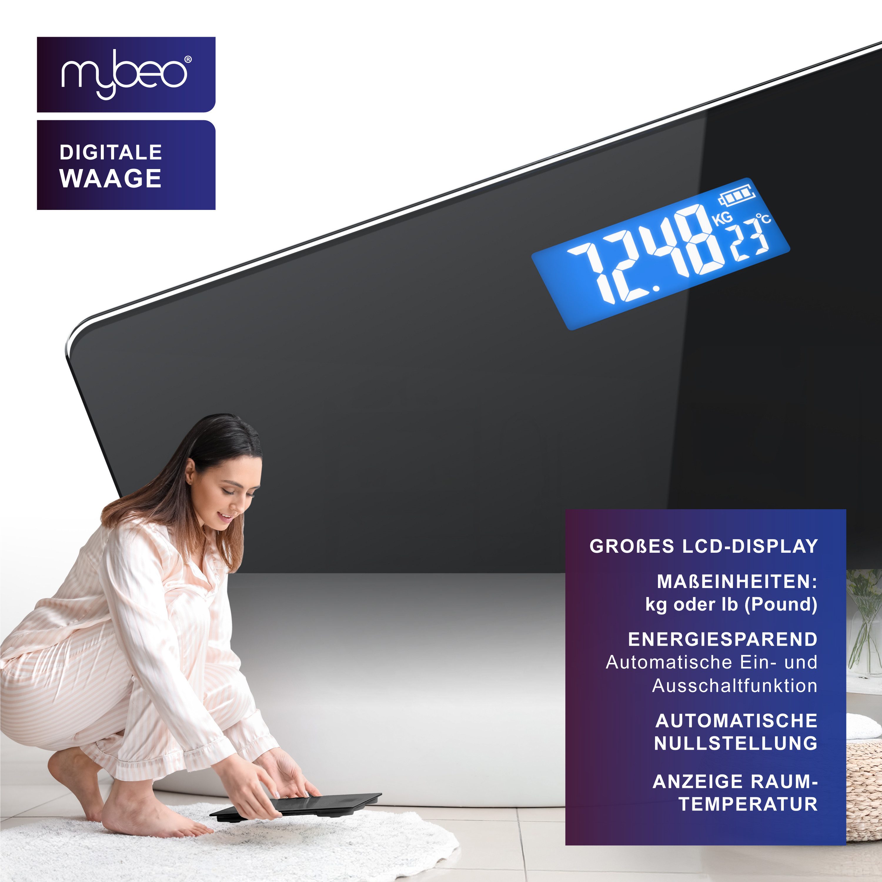 MyBeo Personenwaage digitale Waage, große Sicherheitsglas Trittfläche, Temperaturanzeige, 1-tlg., Badezimmer Digitalwaage, schmales Design, max. Belastung über  – Bild 2 von 5