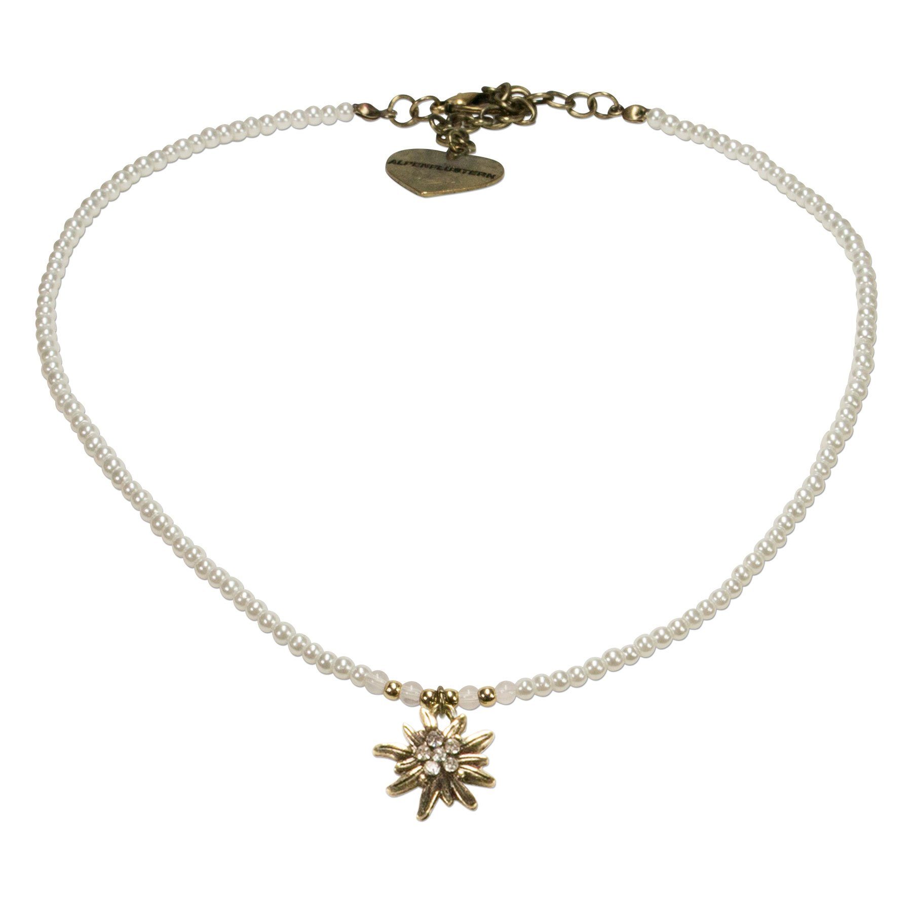 Alpenflüstern Collier Filigran Perlen-Trachtenkette Strass-Edelweiß (creme-weiß), - Damen-Trachtenschmuck mit antik-gold-farbenem Edelweiss, Dirndlkette