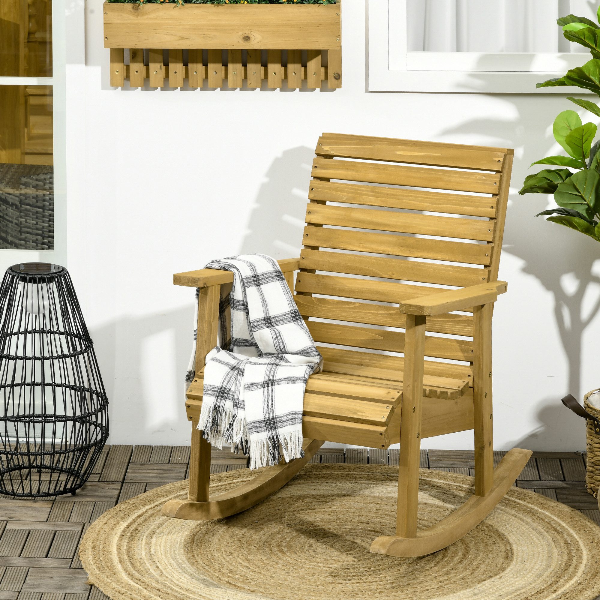 Outsunny Schaukelstuhl Schwingsessel mit Armlehne, Gartenstuhl, für Balkon, Terrasse (Schwingsessel, 1 St), Belastbarkeit bis 130 kg, Tannenholz, Hellbraun 64 x 86 x 85 cm