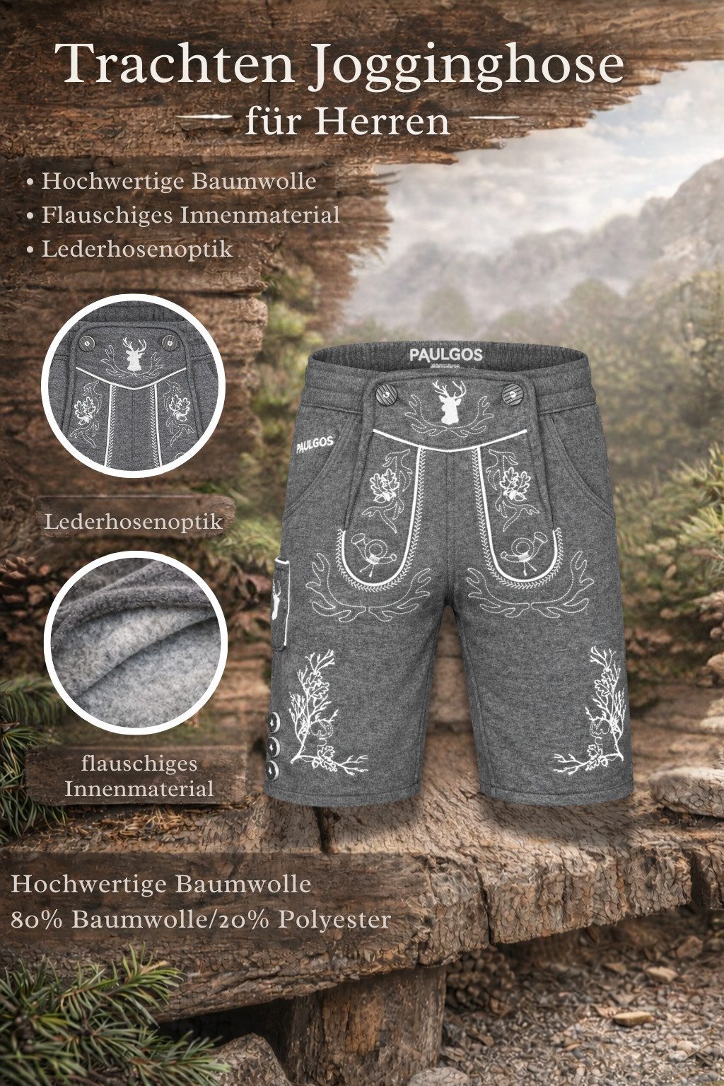 PAULGOS Trachtenhose Herren Jogginghose Design Lederhose Kurz Sweathose Bermuda Shorts JOK3