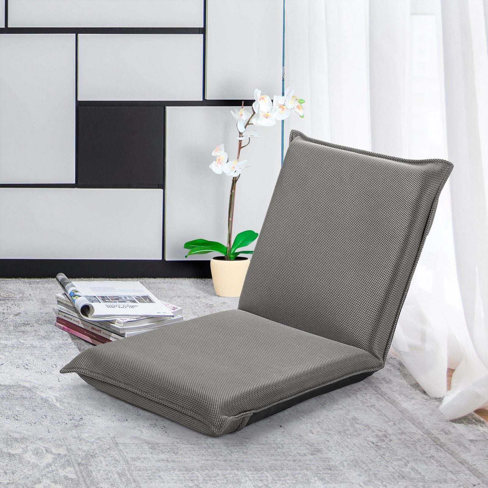 COSTWAY Relaxsessel Bodenstuhl, mit 6-stufig Verstellbarer Rückenlehne Grau