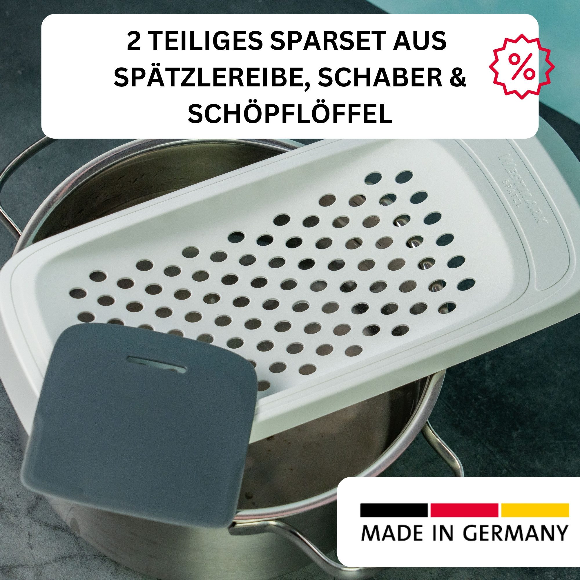 WESTMARK Spätzlereibe Set, 2tlg., 1 Spätzlereibe mit flexiblem Schaber, Spatzl + 1 Schöpflöf, ABS, PA, inkl. Schöpflöffel