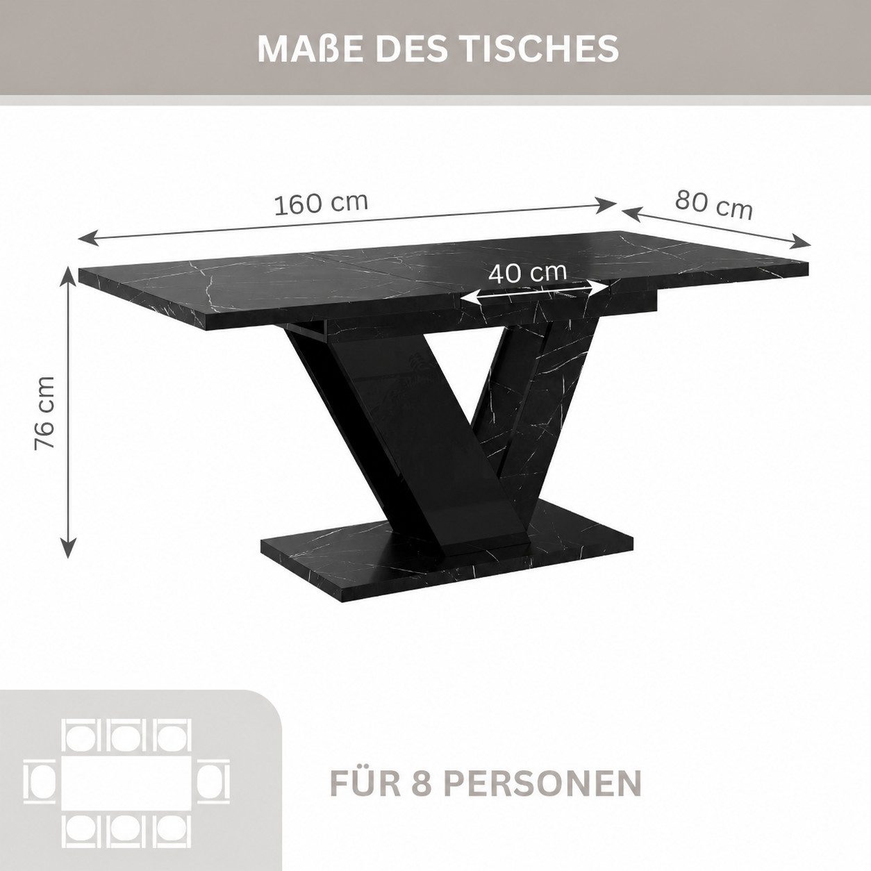 Home Collective Esstisch ausziehbar Tisch Küchentisch Esszimmertisch Ausziehtisch (Esszimmer Küche Wohnzimmer Esstisch erweiterbar), modernes Design mit V-Geste – Bild 5 von 5