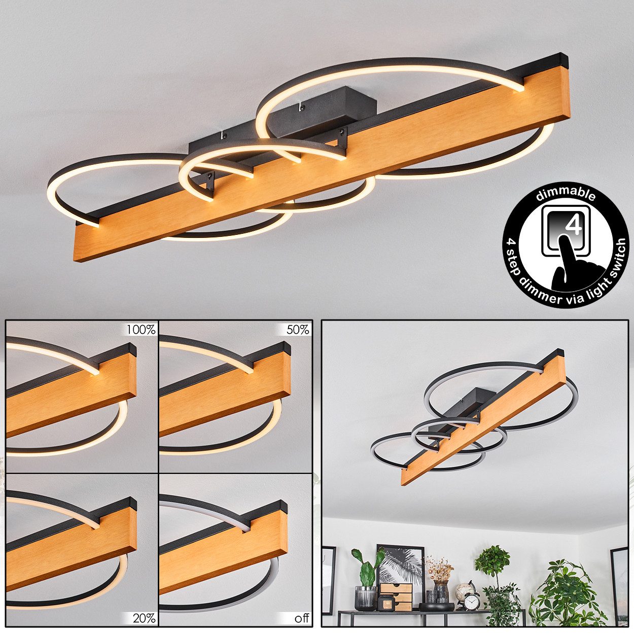 hofstein Deckenleuchte dimmbare Deckenlampe aus Holz/Metall/Kunststoff günstig online kaufen