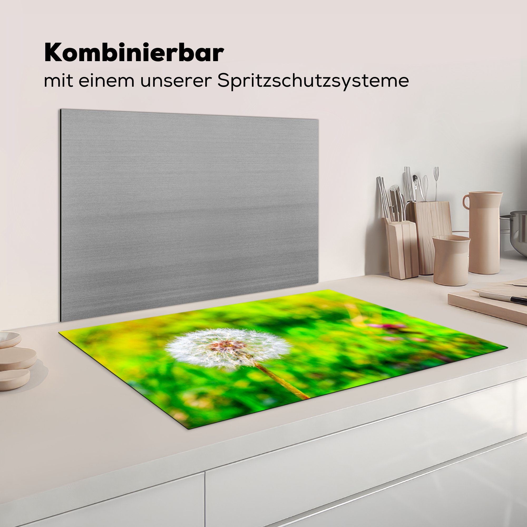 (1 für Gras 81x52 Blume, tlg), Herdblende-/Abdeckplatte cm, Arbeitsplatte Löwenzahn Ceranfeldabdeckung, MuchoWow - Vinyl, - küche