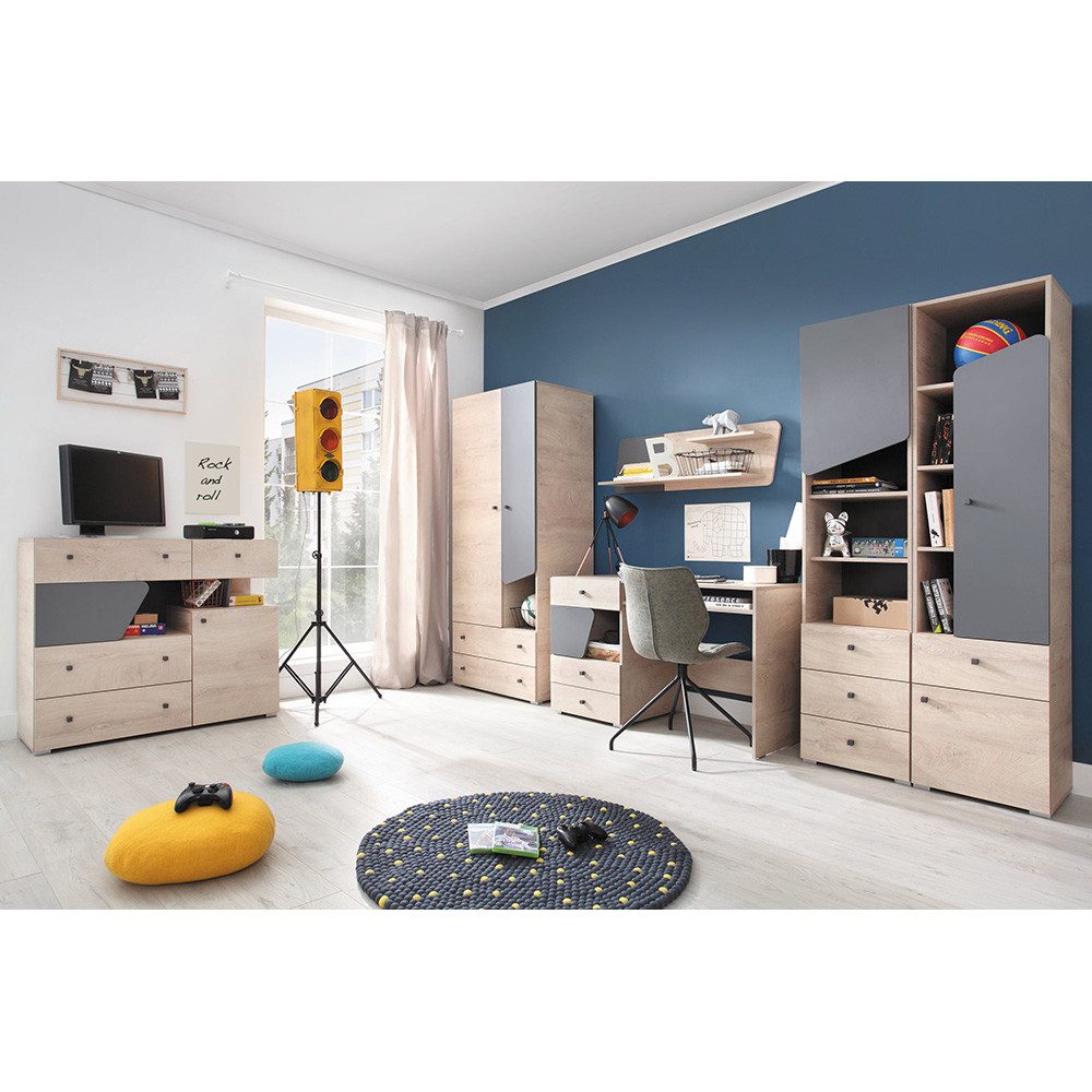 Lomadox Jugendzimmer-Set DIAMANTE-133, (Sparset, 6-tlg), Eiche Nb. mit anthrazit, 6-teilig inkl. Schreibtisch