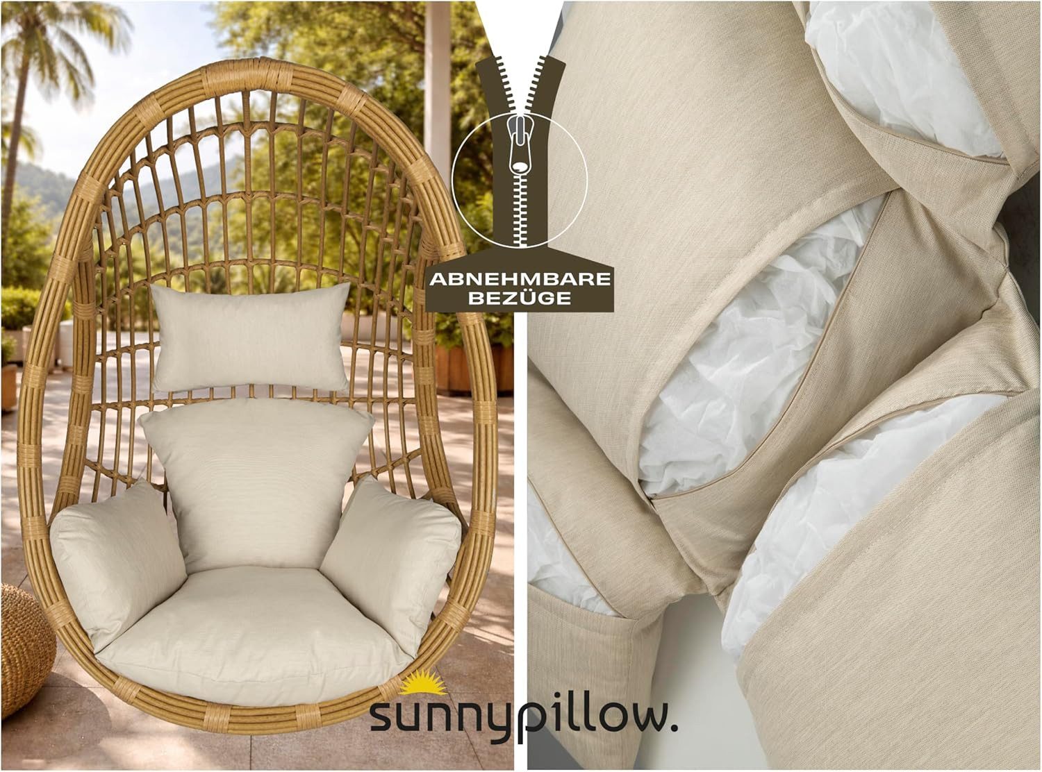 sunnypillow Hängesessel Auflage für Rattan & Polyrattan Hängeschaukel, Cremefarben – Bild 4 von 5