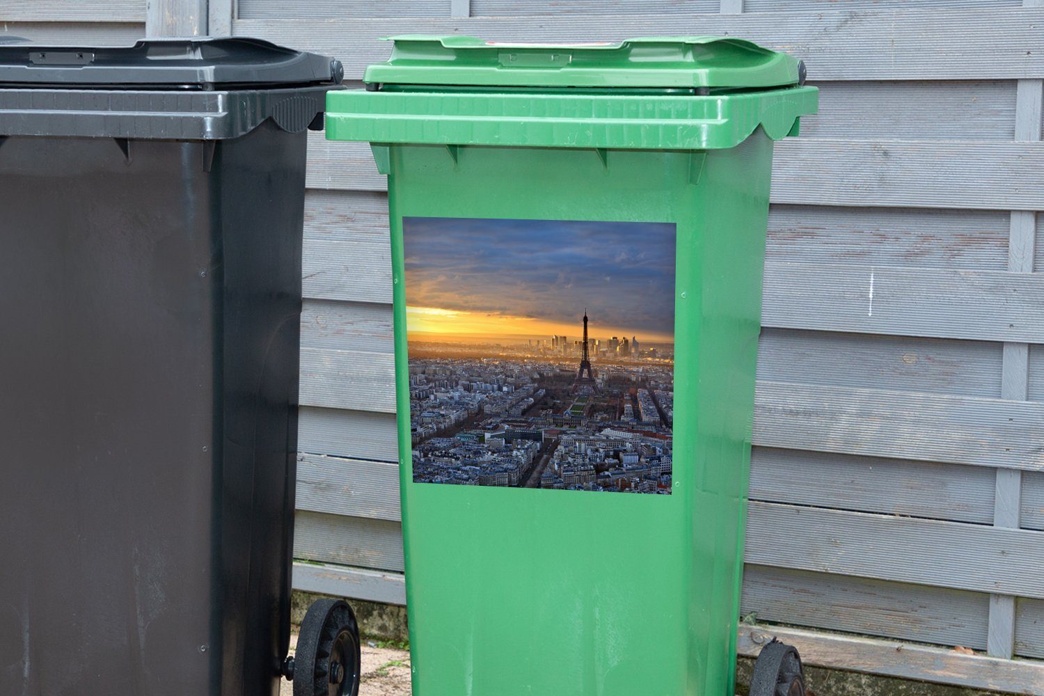 MuchoWow Wandsticker Mülleimer-aufkleber, - - Skyline Container, Sonne (1 Sticker, St), Abfalbehälter Paris Mülltonne