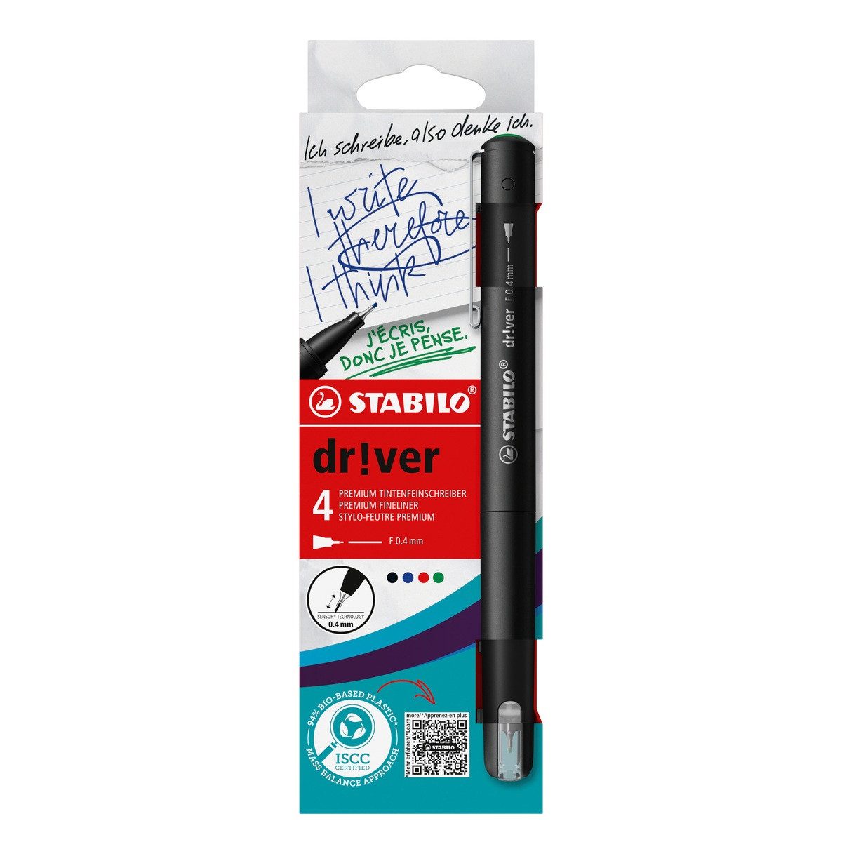 STABILO Fineliner STABILO Tintenfeinschreiber dr!ver F 0,4mm 4 Stück Kartonetui