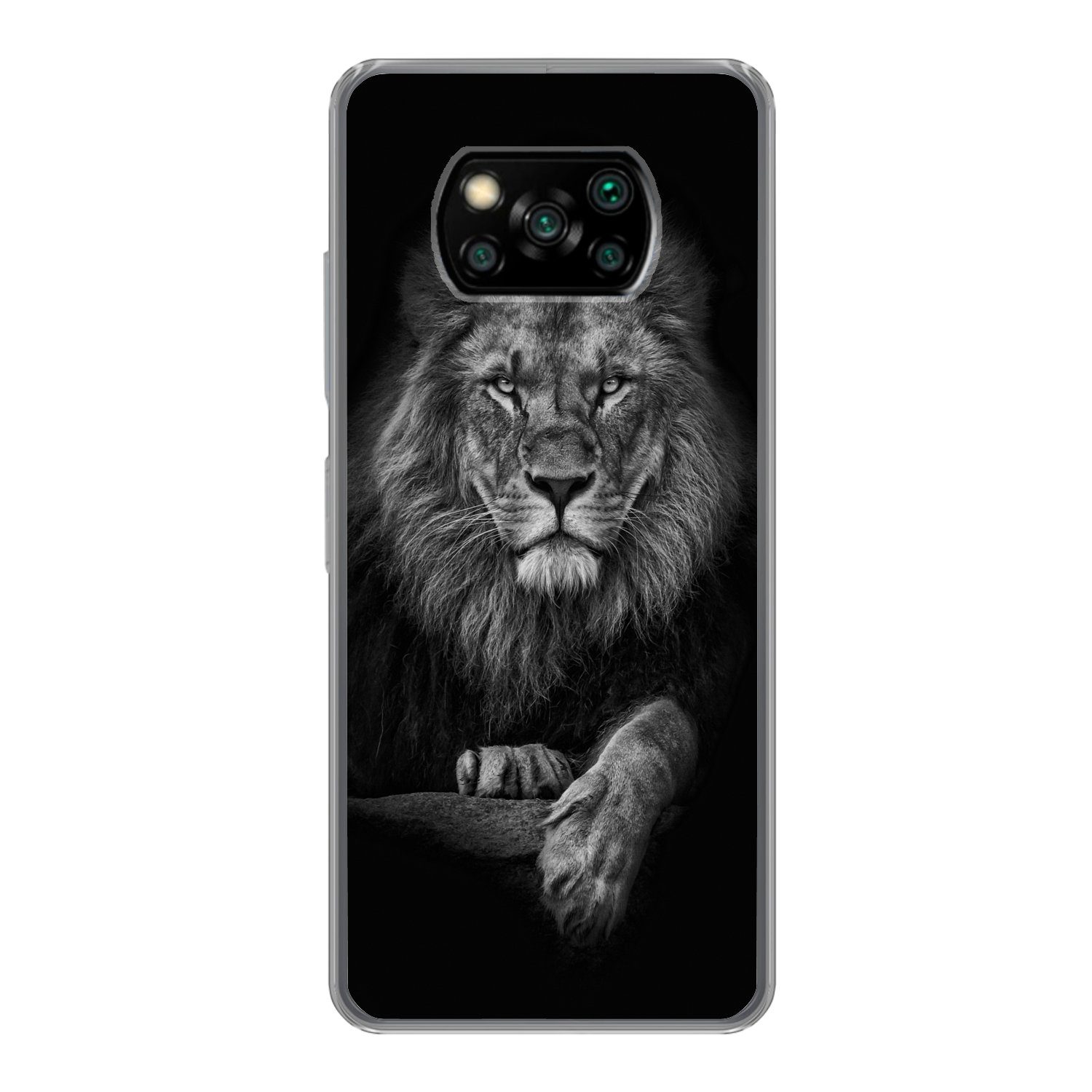 MuchoWow Handyhülle für Xiaomi Poco X3 Pro Löwe - Tiere - Schwarz - Weiß, Phone Case, Silikon, Schutzhülle Dünn