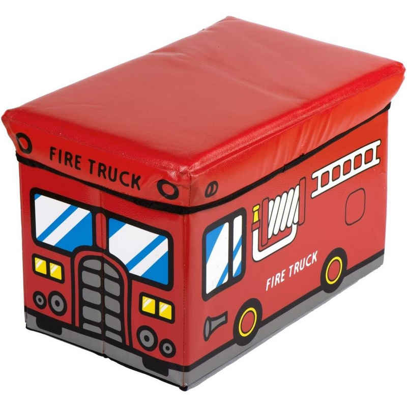 BIECO Spielzeugtruhe, Aufbewahrungsbox mit Deckel, gepolsterter Sitzhocker, faltbar, Motiv: Feuerwehr, 46l, 49 x 31 x 31 cm