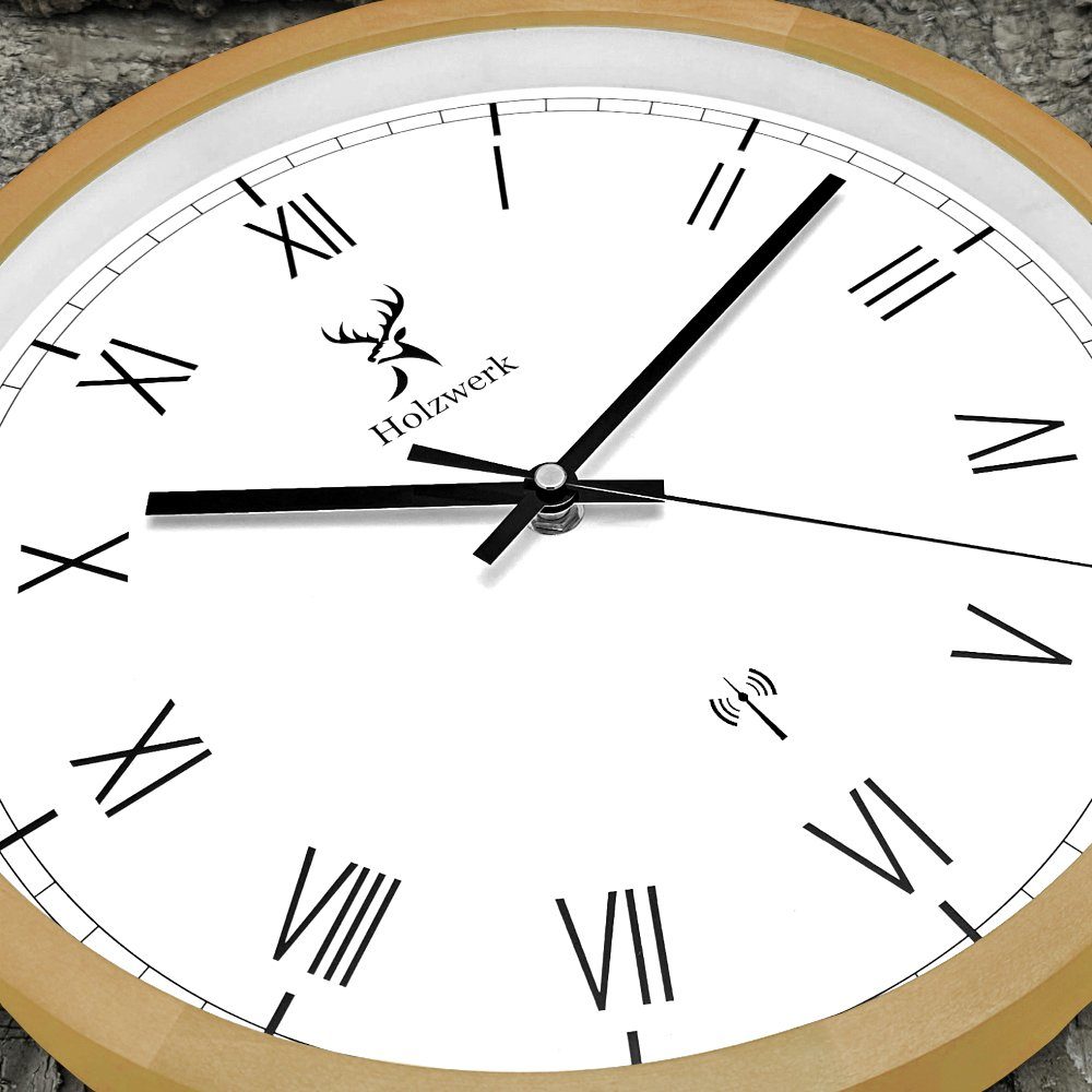 Holzwerk Funkwanduhr Designer Loft Funk Holz Wand Uhr, römische Ziffern (Nahezu lautloses Uhrwerk, analog, 30 cm)