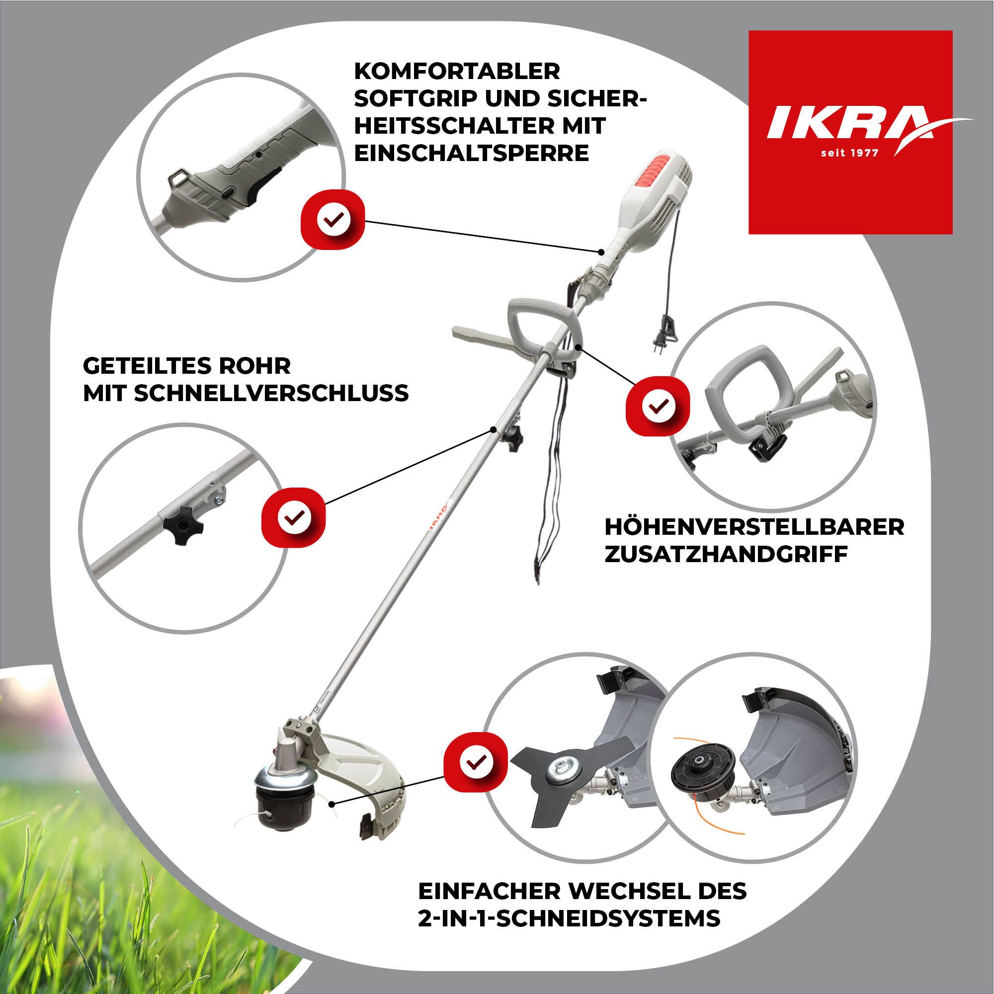 ikra GmbH Elektro-Motorsense IES 1000 C, 23 cm cm Arbeitsbreite Messer, 37 cm cm Arbeitsbreite Faden, mit Fadenspule, 3-Zahn-Messer & Schultergurt