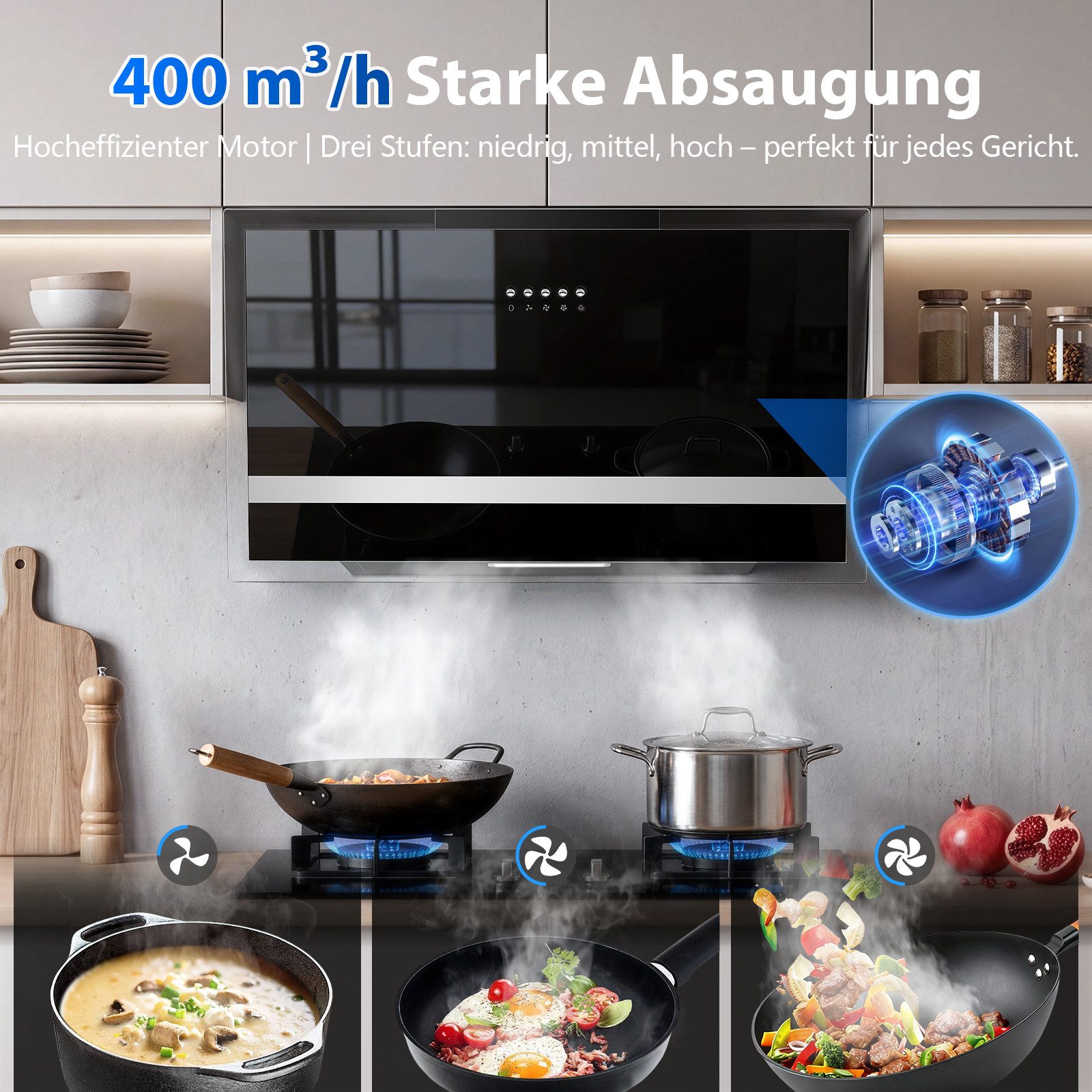 SNDOAS Kopffreihaube Dunstabzugshaube 60 cm mit 400 m³/h Absaugleistung, A+++ bürstenloser Motor, 3 Leistungsstufen, Abluft‑ und Umluftbetrieb – Bild 3 von 5