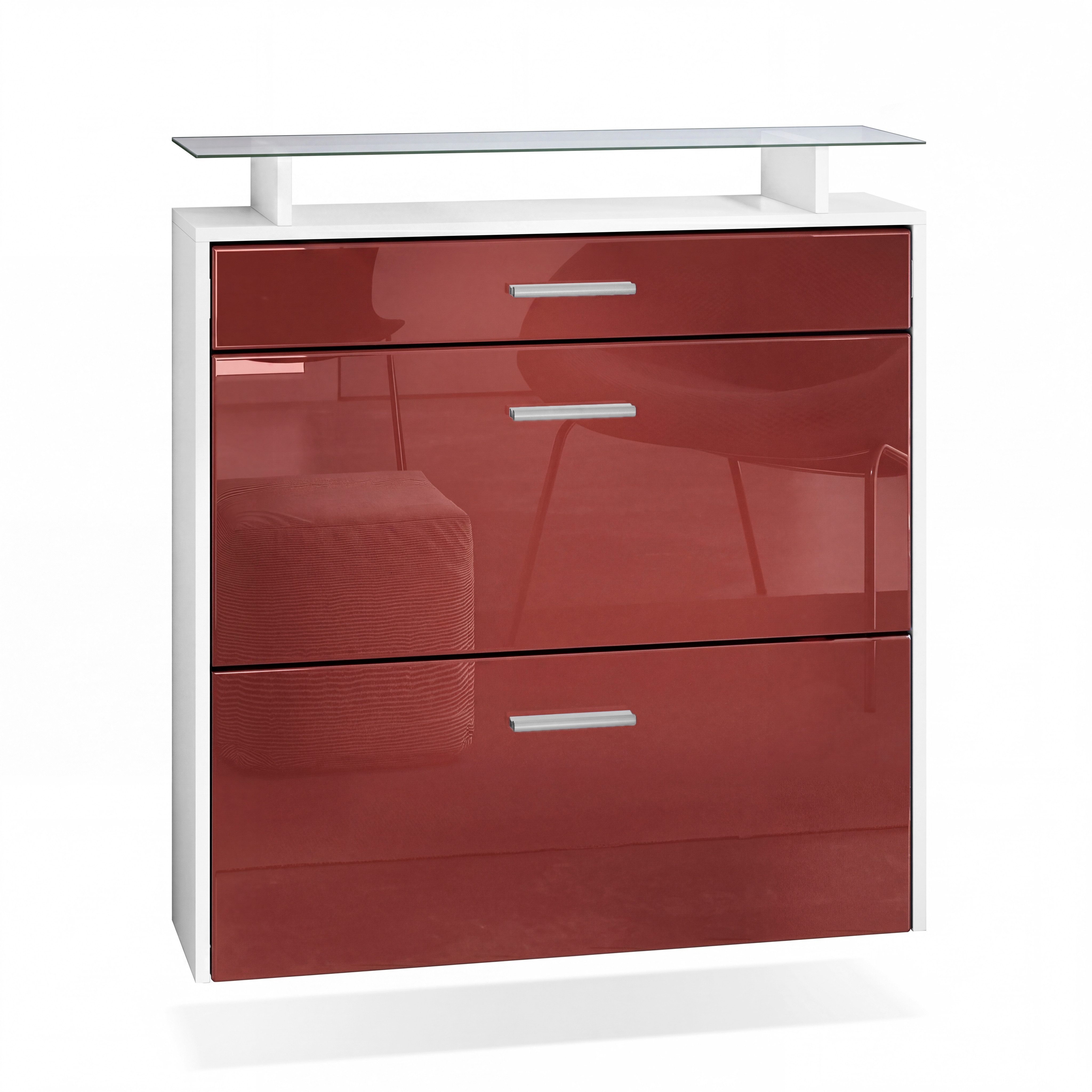 Vladon Schuhschrank Malea (hängender Schuhkipper für 16 Paar Schuhe, mit 2 Klappen und 1 Schublade und Glasablage) Weiß matt/Bordeaux Hochglanz (89 x 96 x 23 cm)