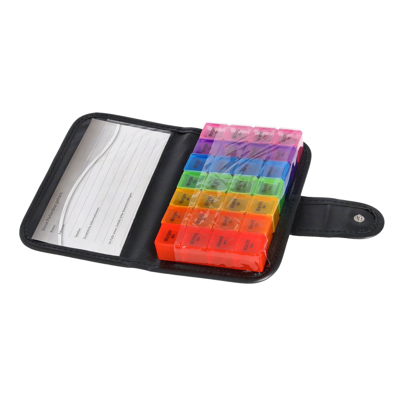 HAC24 Pillendose Pillenbox Pillendose Medikamentenbox Tablettenbox -Tablettendose (1 St), 7 Tage á 4 Fächer, mit Schwarzen Etui