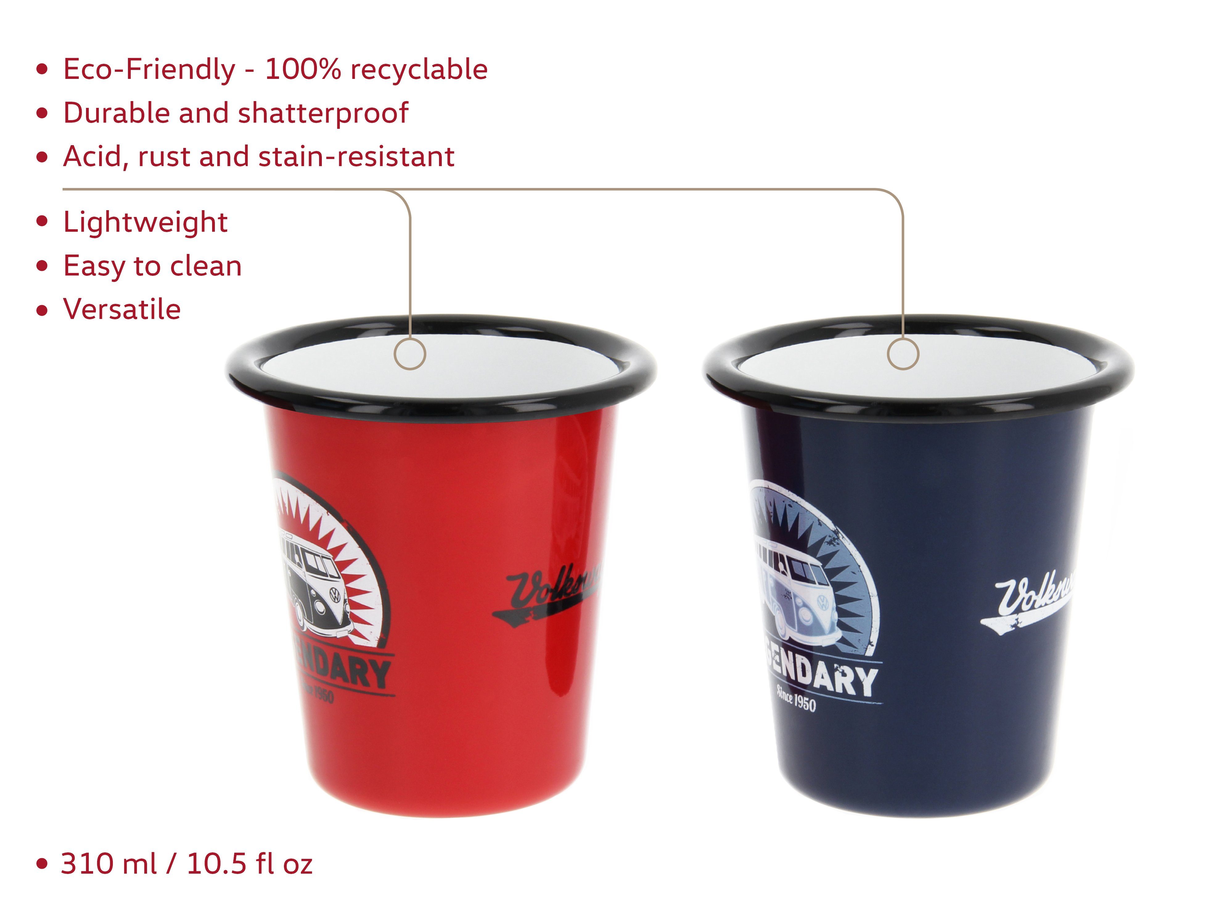VW Collection by BRISA Becher Volkswagen Emaille Kaffeetasse, Teetasse, 2-tlg., Stahlblech, Cappuccino Becher im T1 Bus Legendary Design in Rot & Blau, 2er Set