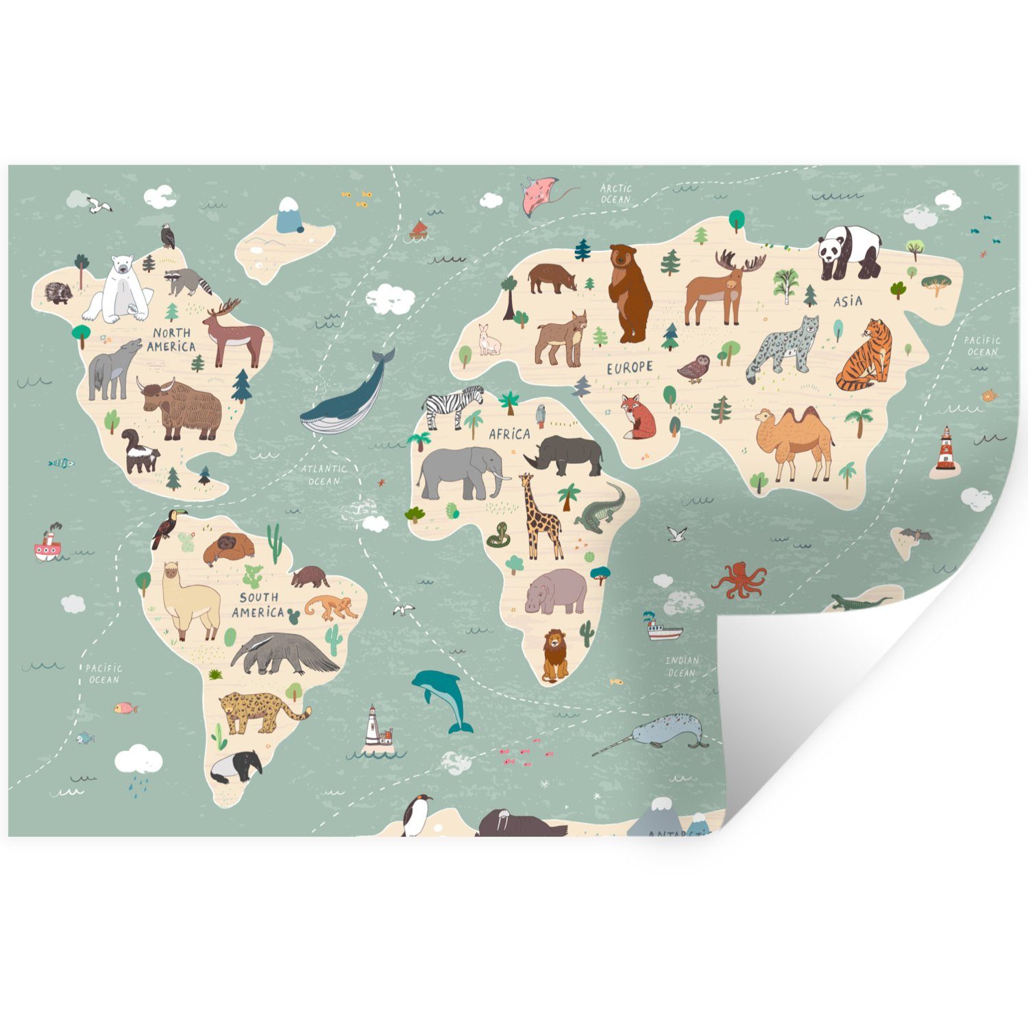 MuchoWow Wandsticker Erde - Weltkarte Kinder - Tiere - Jungen - Mädchen - Blau (1 St), Wandtattoo, Selbstklebend, Wohnzimmer, 30x20 cm