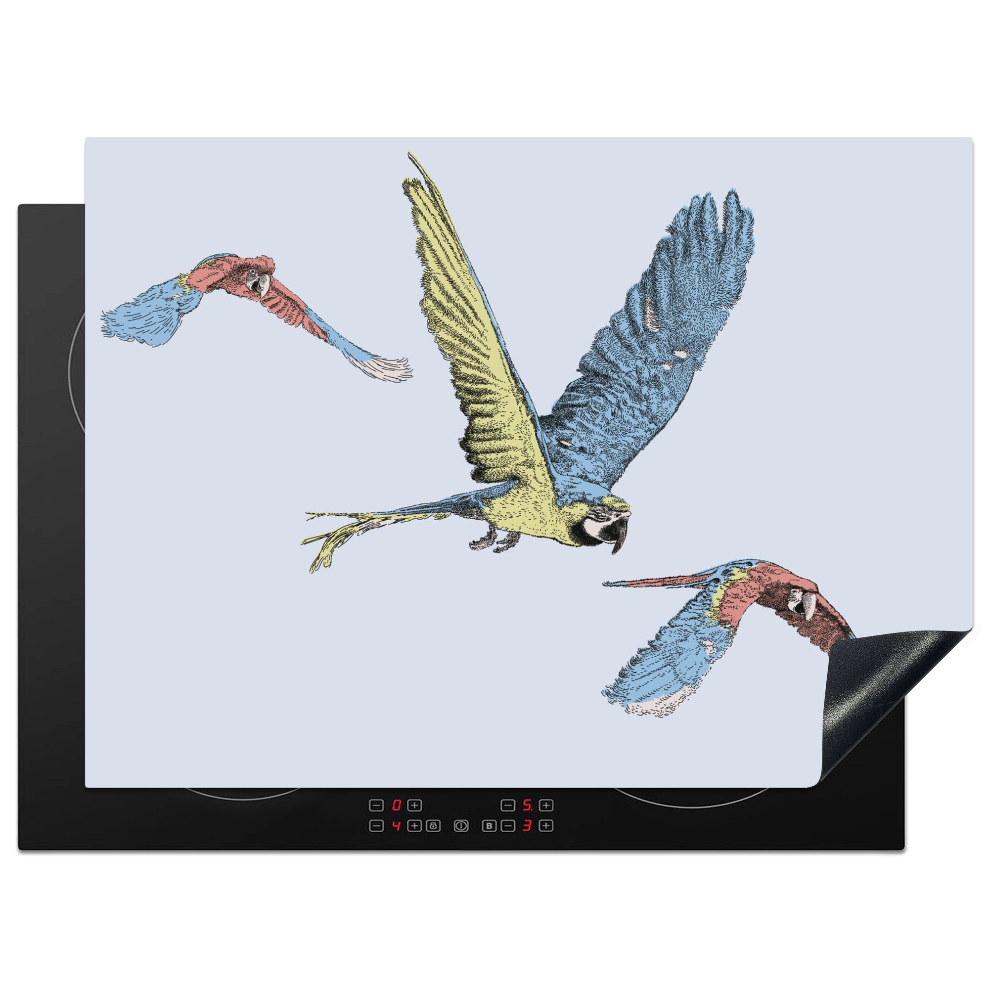 MuchoWow Herdblende-/Abdeckplatte Eine Illustration von drei fliegenden Papageien, Vinyl, (1 tlg), 70x52 cm, Mobile Arbeitsfläche nutzbar, Ceranfeldabdeckung